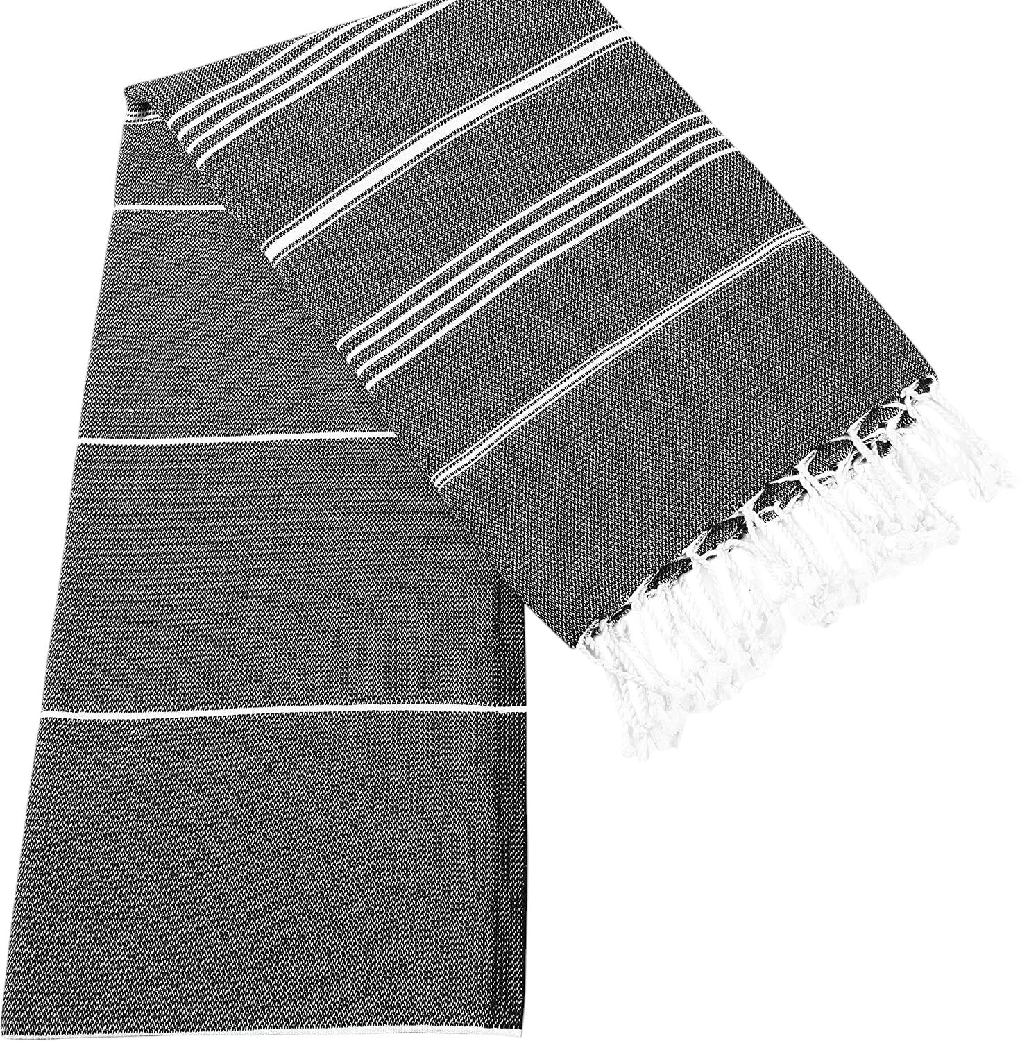 39" X 71" White and Black Cotton Turkish Towel Throw Blanket with Tassels-Throws & Blankets-DECOROLALA