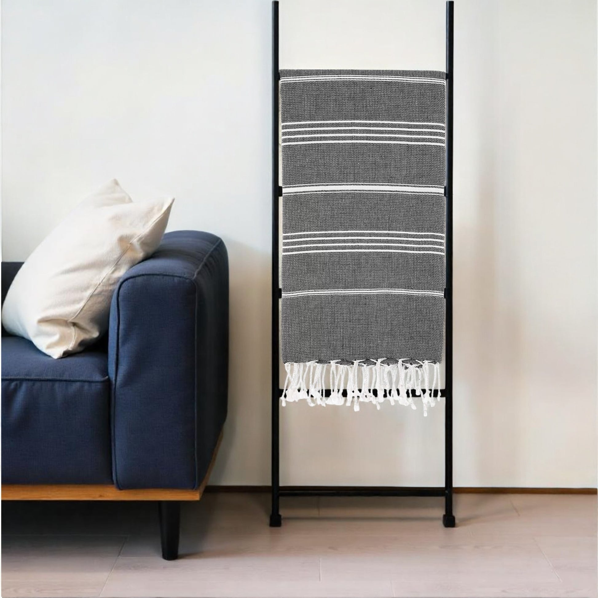 39" X 71" White and Black Cotton Turkish Towel Throw Blanket with Tassels-Throws & Blankets-DECOROLALA