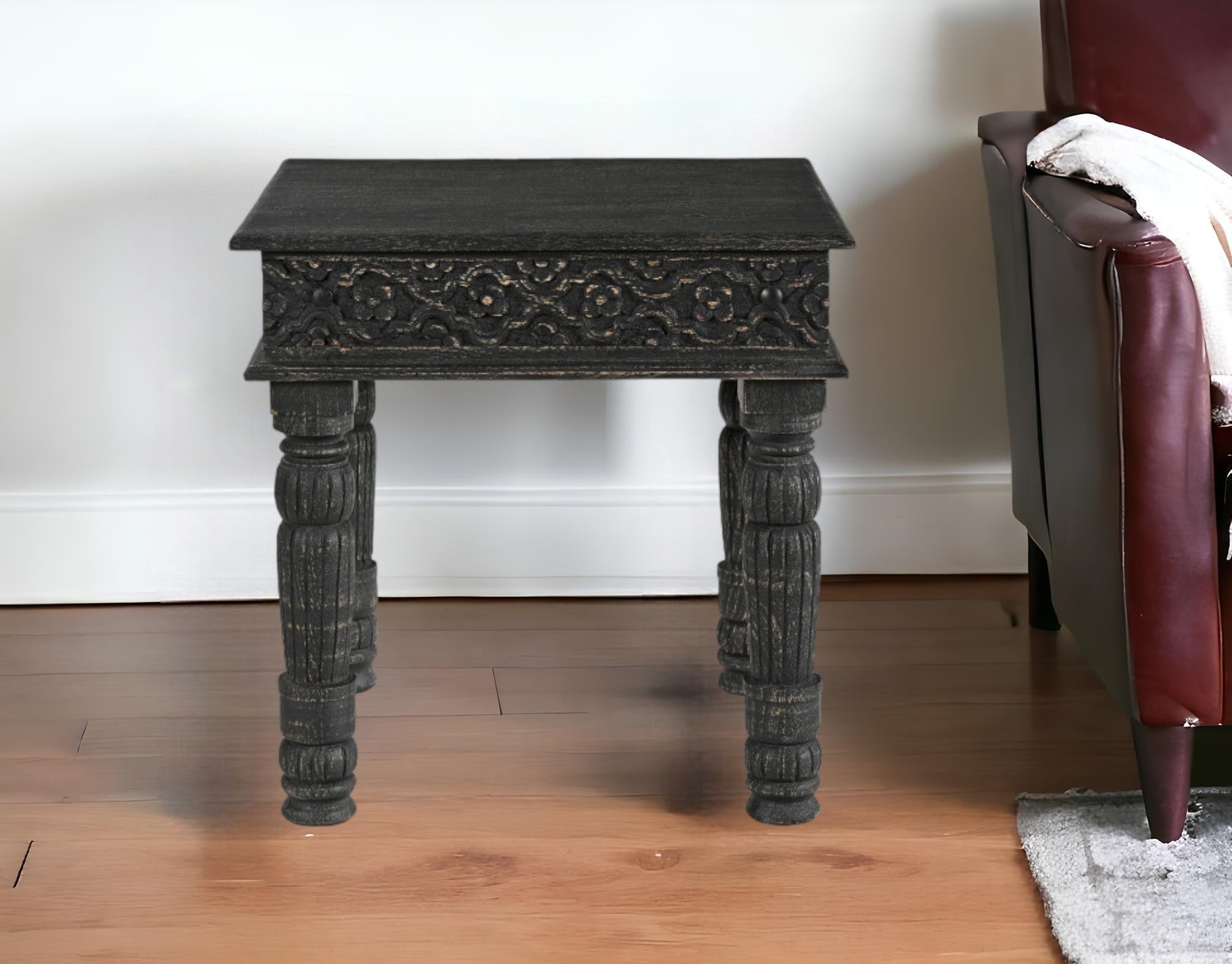 24" Black Distressed Solid Wood Square End Table-End-Side Tables-DECOROLALA