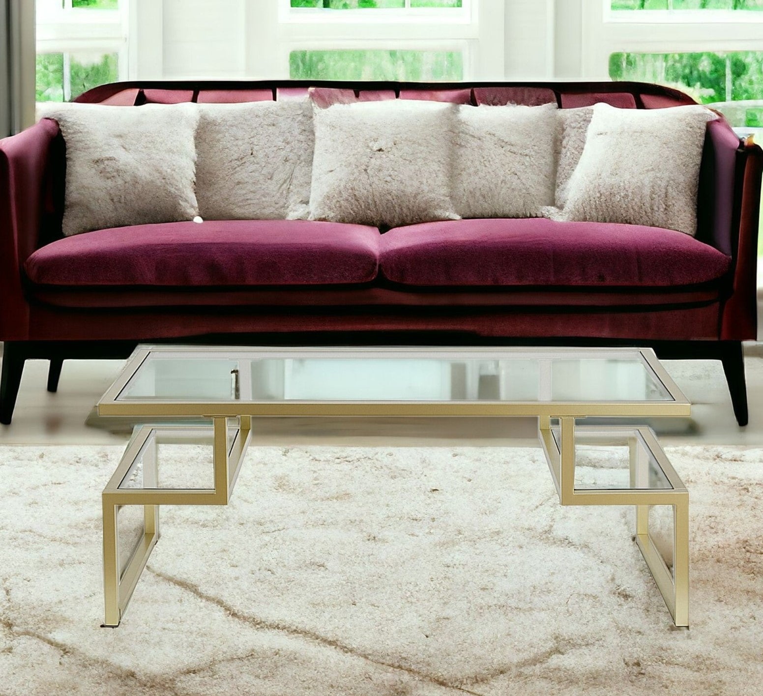 45" Gold Glass And Steel Coffee Table With Two Shelves-1