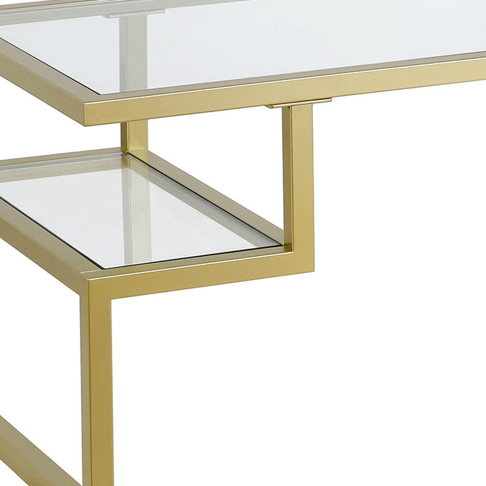45" Gold Glass And Steel Coffee Table With Two Shelves-5