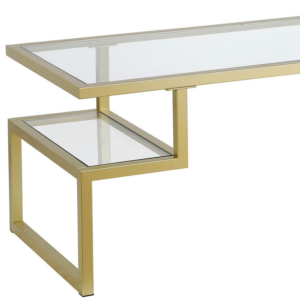 45" Gold Glass And Steel Coffee Table With Two Shelves-6