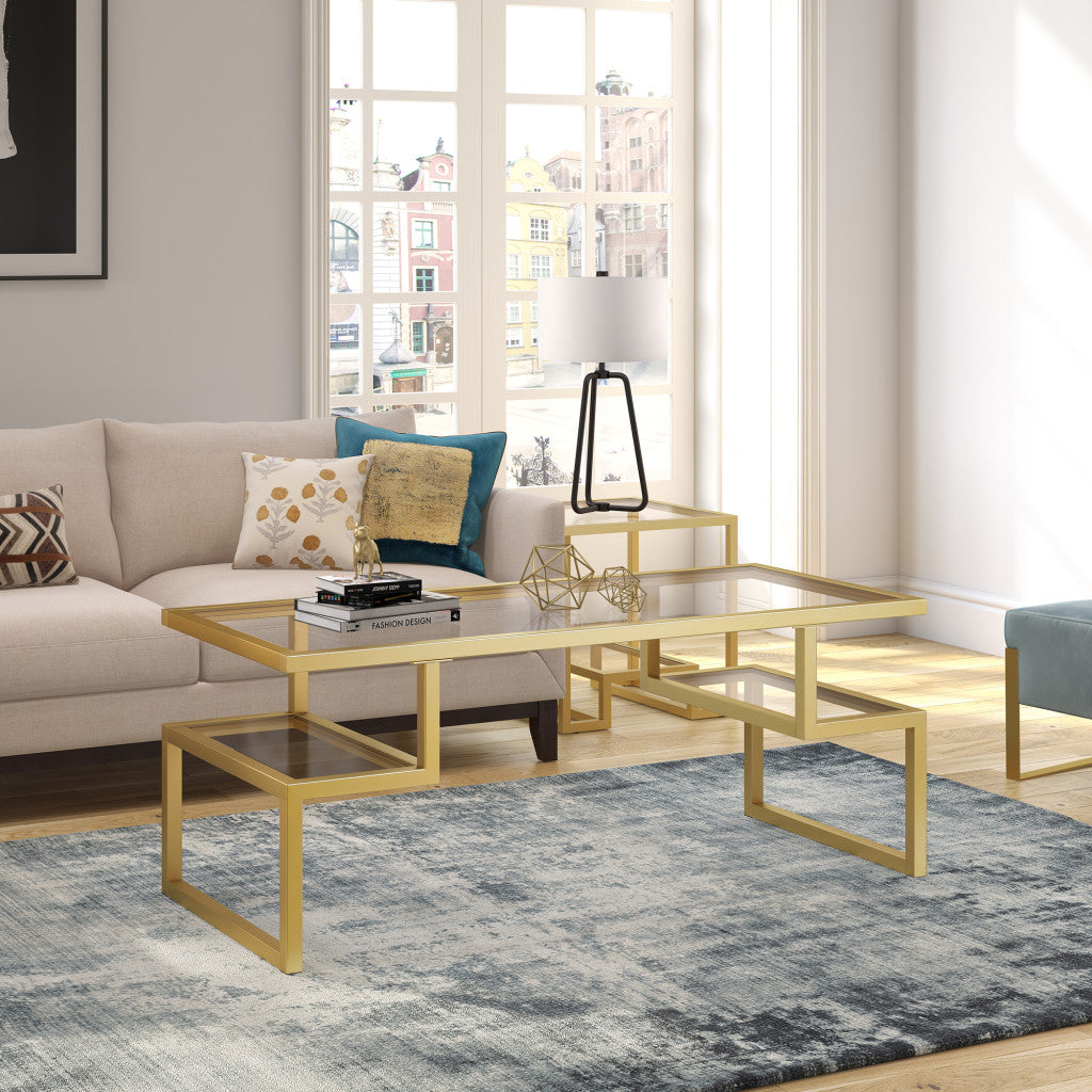 45" Gold Glass And Steel Coffee Table With Two Shelves-7
