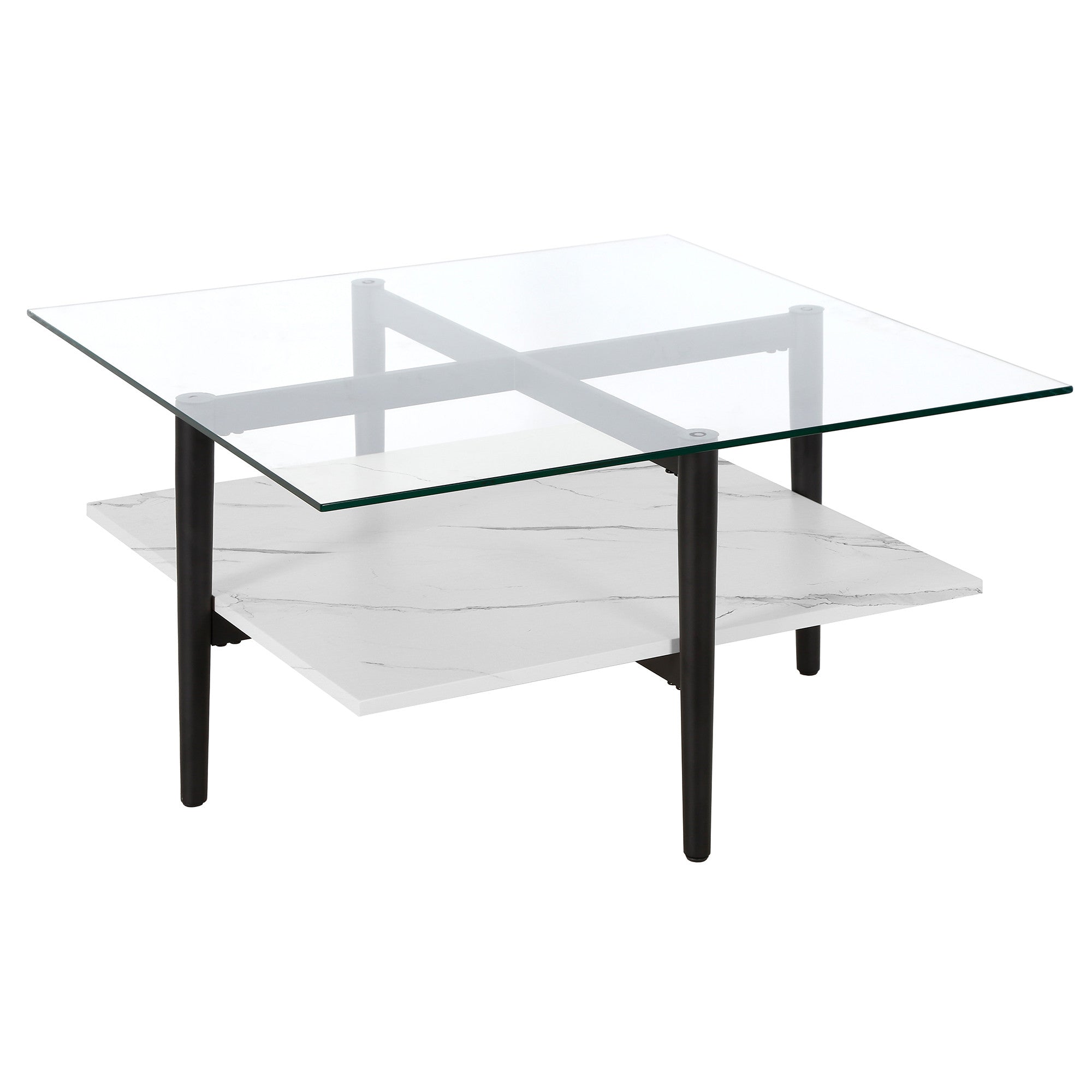 32" White And Black Glass And Steel Square Coffee Table With Shelf-Coffee Tables-DECOROLALA
