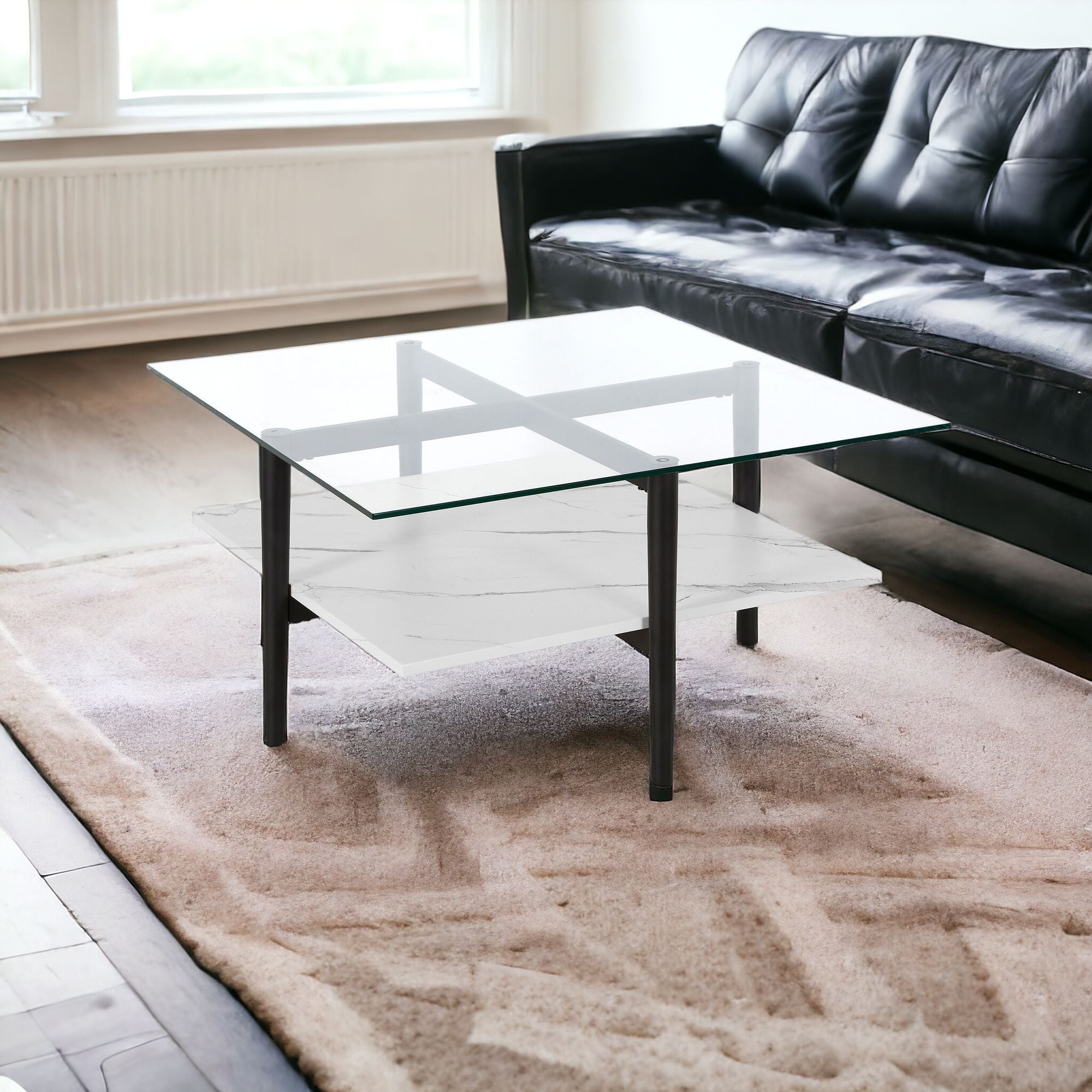 32" White And Black Glass And Steel Square Coffee Table With Shelf-Coffee Tables-DECOROLALA