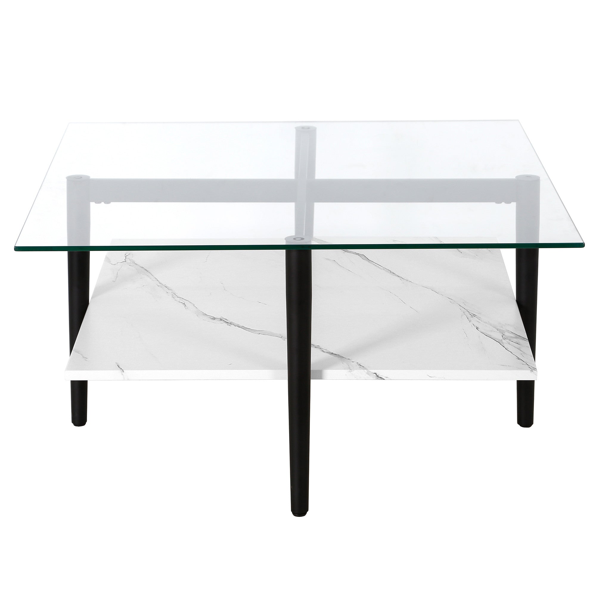 32" White And Black Glass And Steel Square Coffee Table With Shelf-Coffee Tables-DECOROLALA