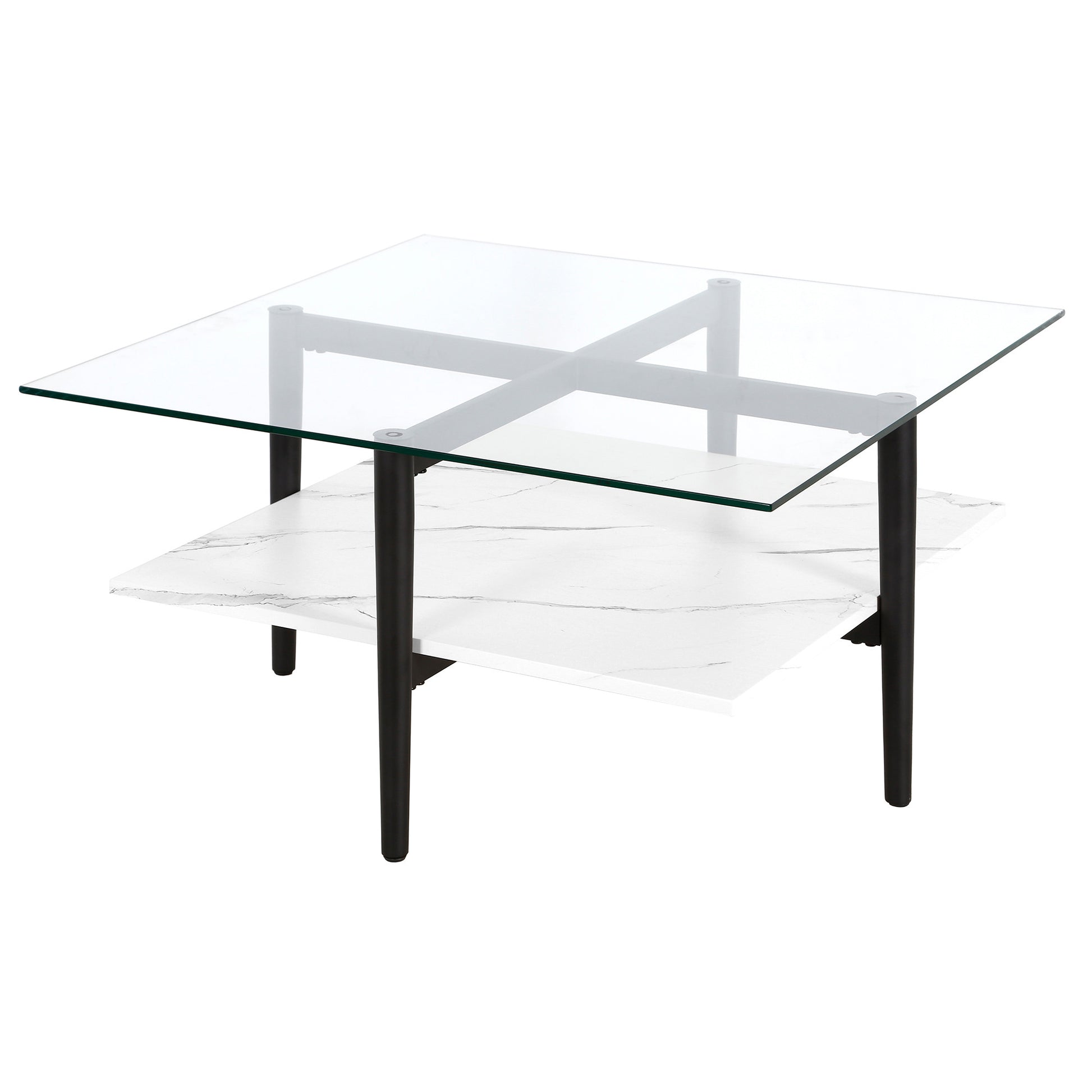 32" White And Black Glass And Steel Square Coffee Table With Shelf-Coffee Tables-DECOROLALA