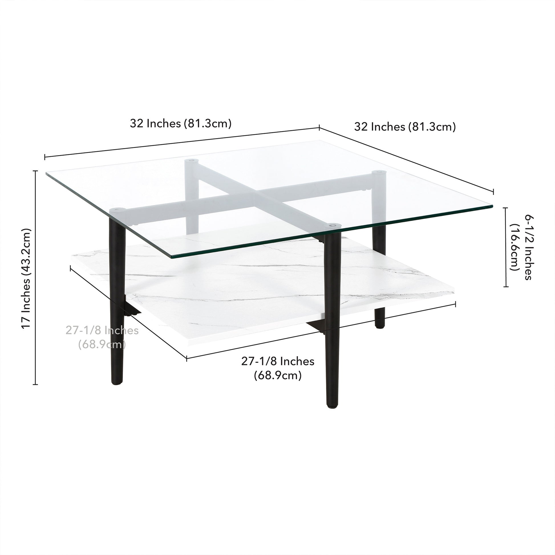 32" White And Black Glass And Steel Square Coffee Table With Shelf-Coffee Tables-DECOROLALA