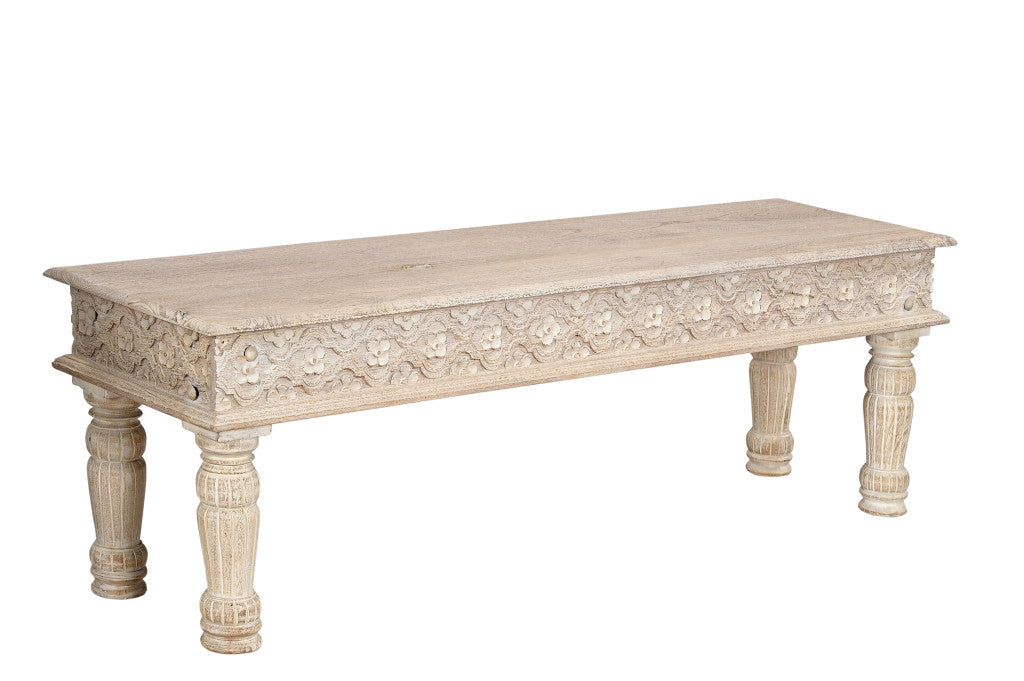 58" White Floral Distressed Solid Wood Dining Bench-Benches-DECOROLALA