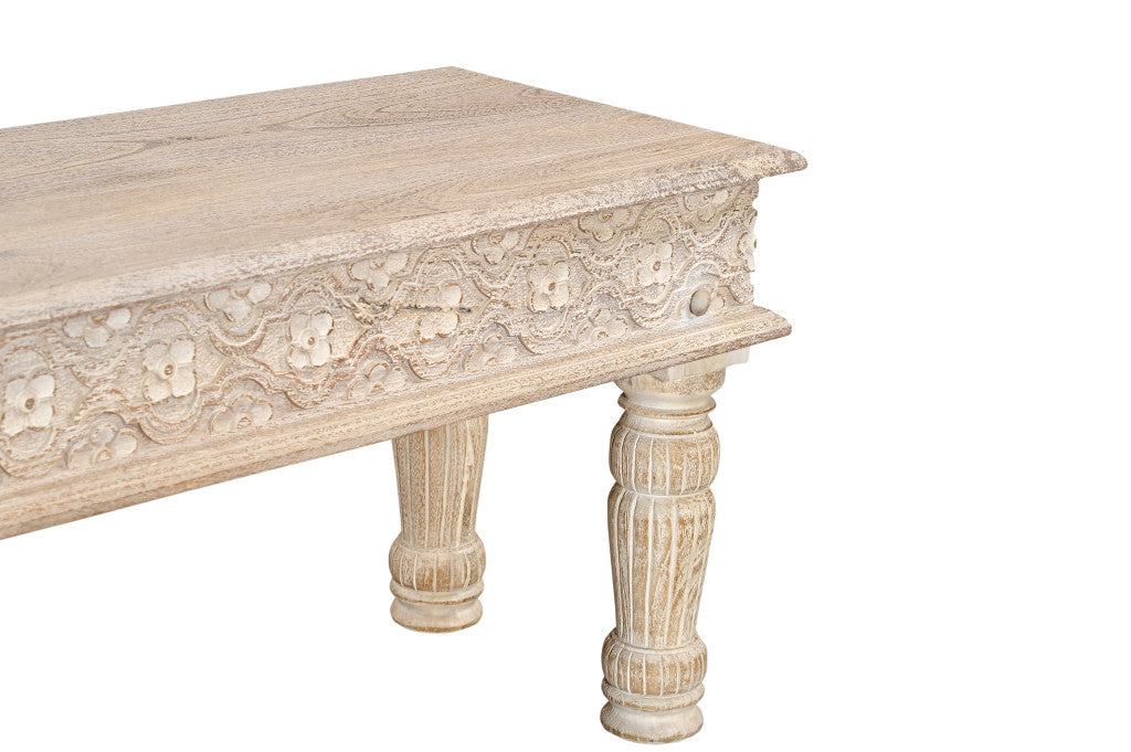 58" White Floral Distressed Solid Wood Dining Bench-Benches-DECOROLALA