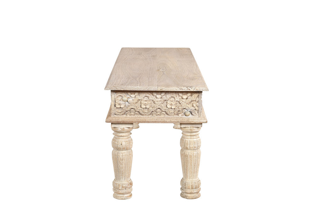 58" White Floral Distressed Solid Wood Dining Bench-Benches-DECOROLALA