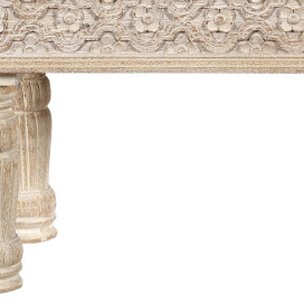 58" White Floral Distressed Solid Wood Dining Bench-Benches-DECOROLALA
