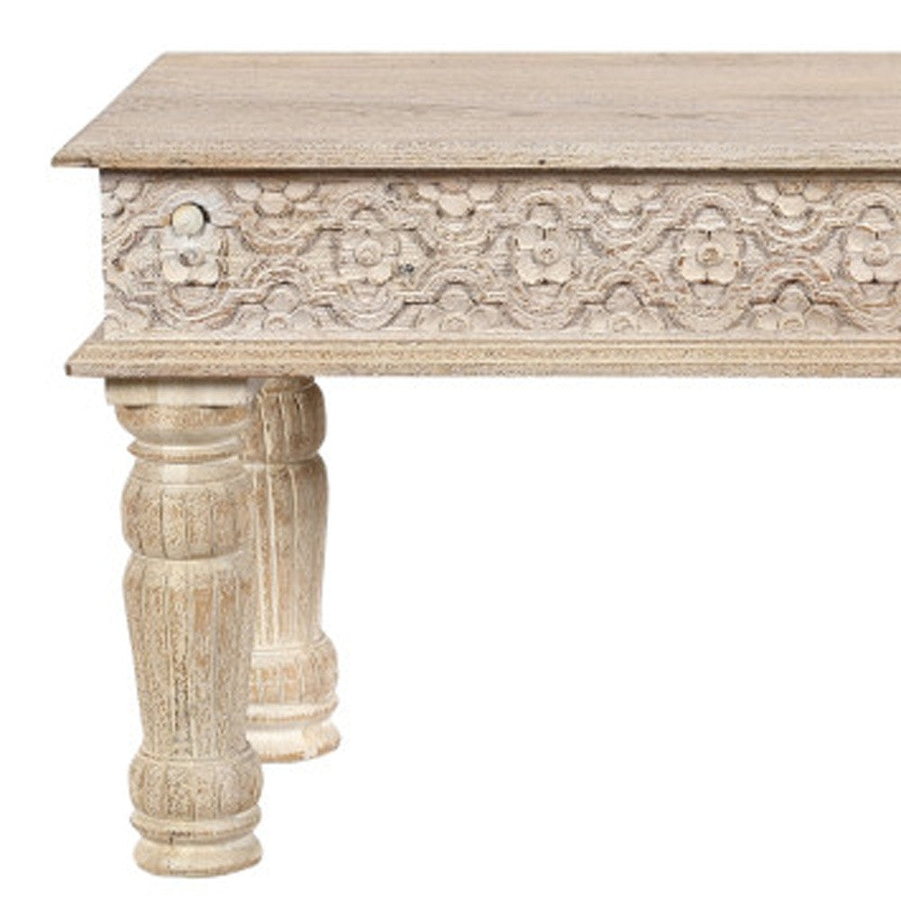 58" White Floral Distressed Solid Wood Dining Bench-Benches-DECOROLALA