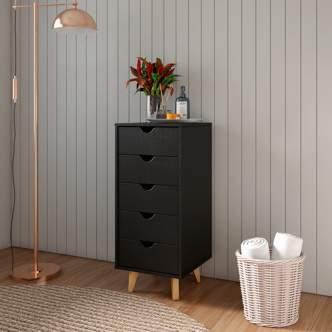 16" Black Solid Wood Five Drawer Lingerie Chest-Dressers-DECOROLALA