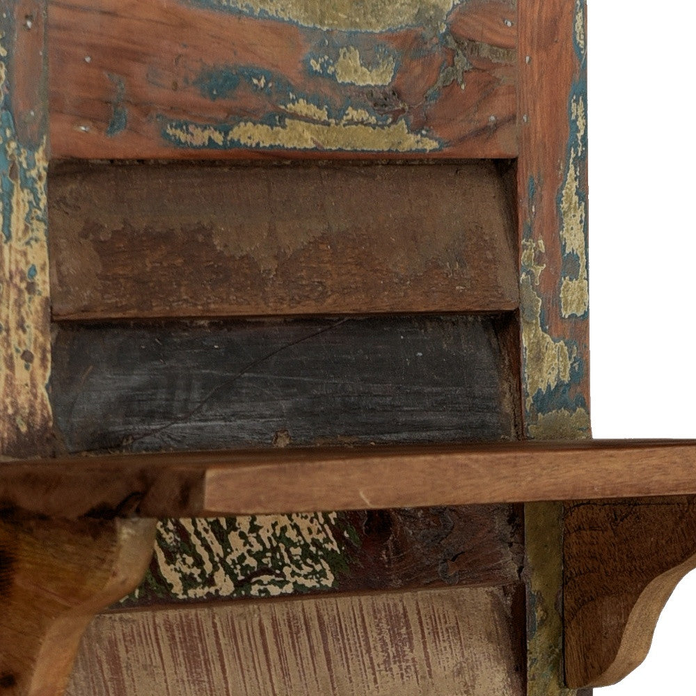 34" Brown And Multi Patina Reclaimed Wood Wall Mounted Shelf With Hooks-Wall Mounted Shelves-DECOROLALA