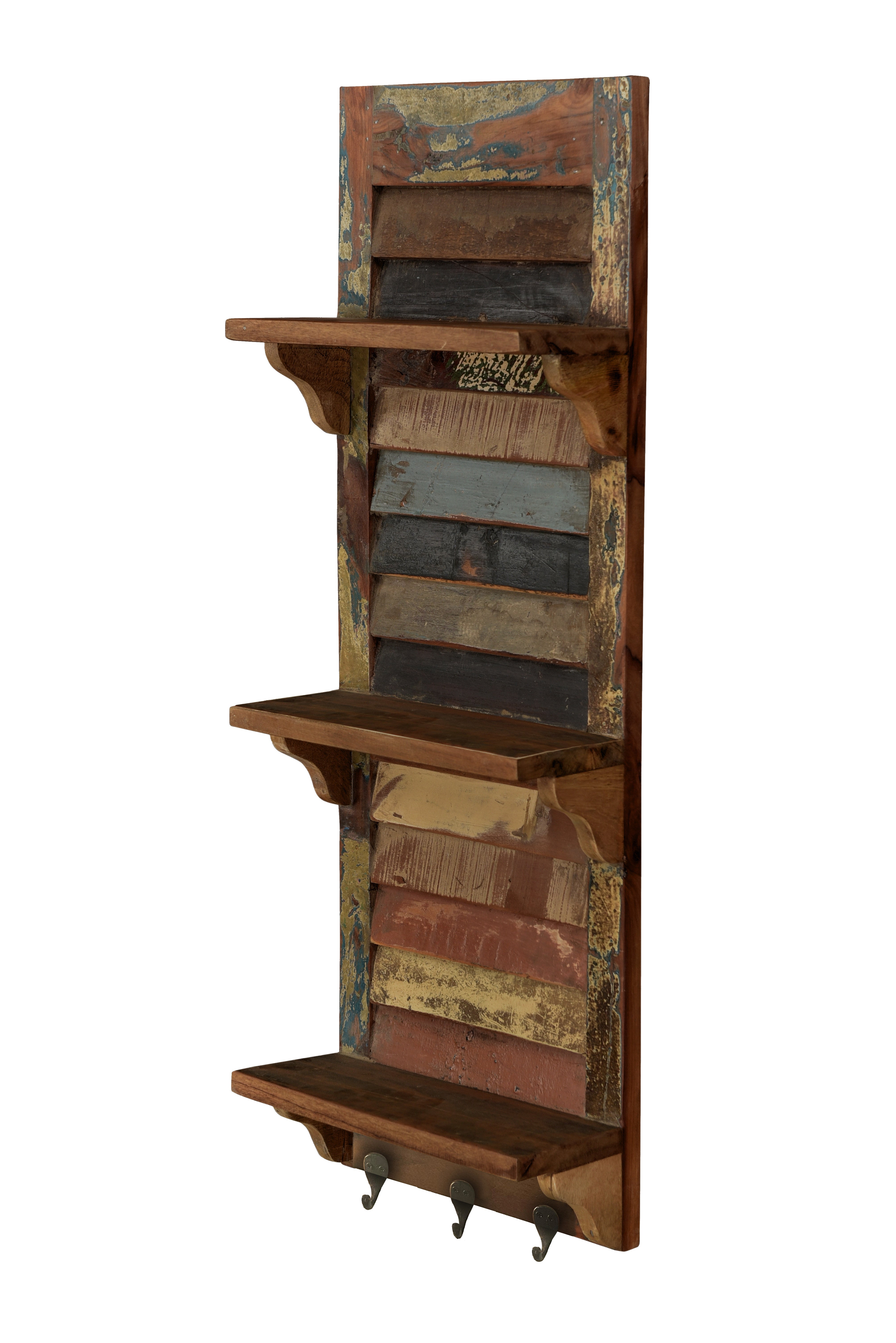 34" Brown And Multi Patina Reclaimed Wood Wall Mounted Shelf With Hooks-Wall Mounted Shelves-DECOROLALA