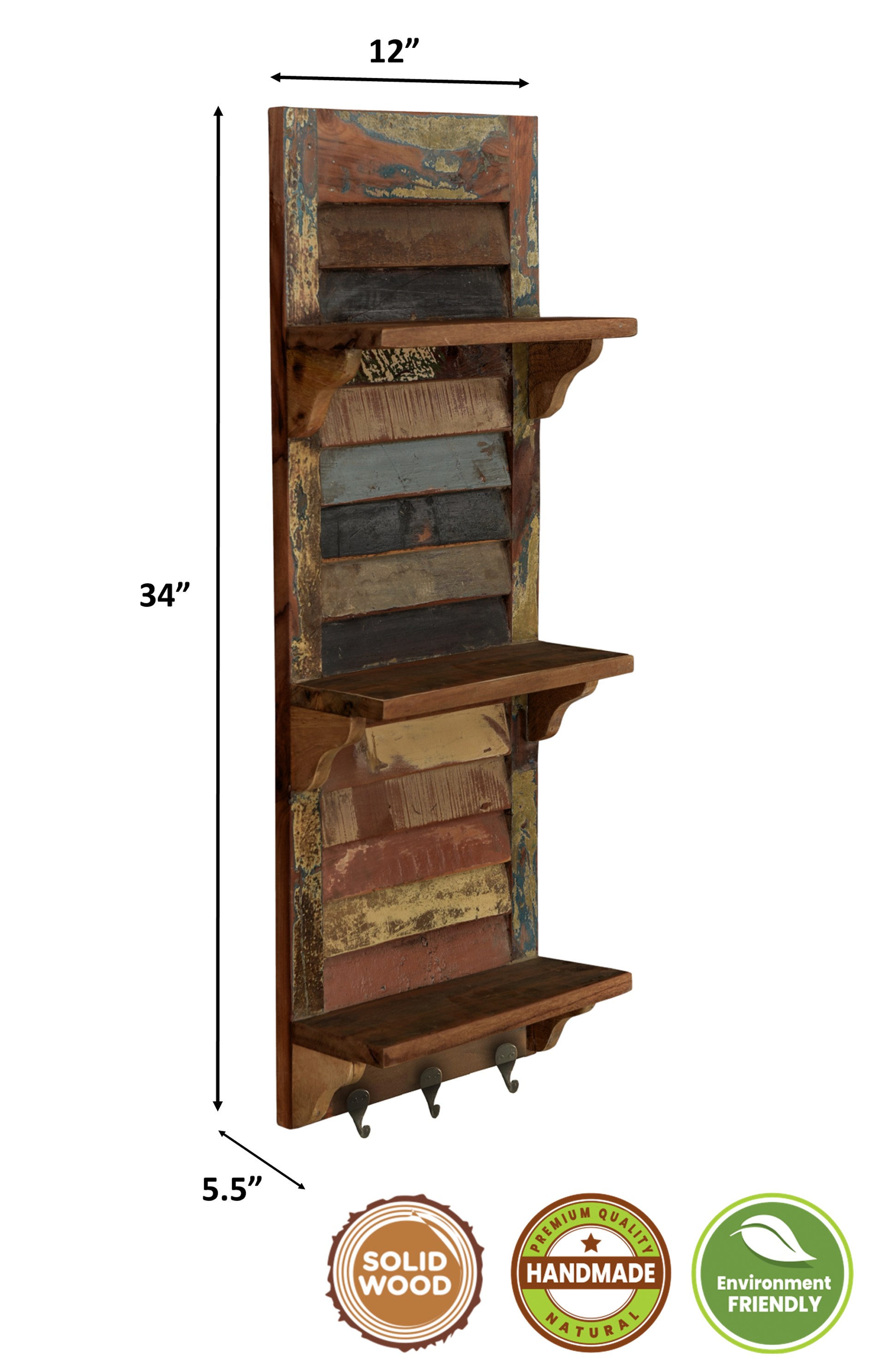 34" Brown And Multi Patina Reclaimed Wood Wall Mounted Shelf With Hooks-Wall Mounted Shelves-DECOROLALA