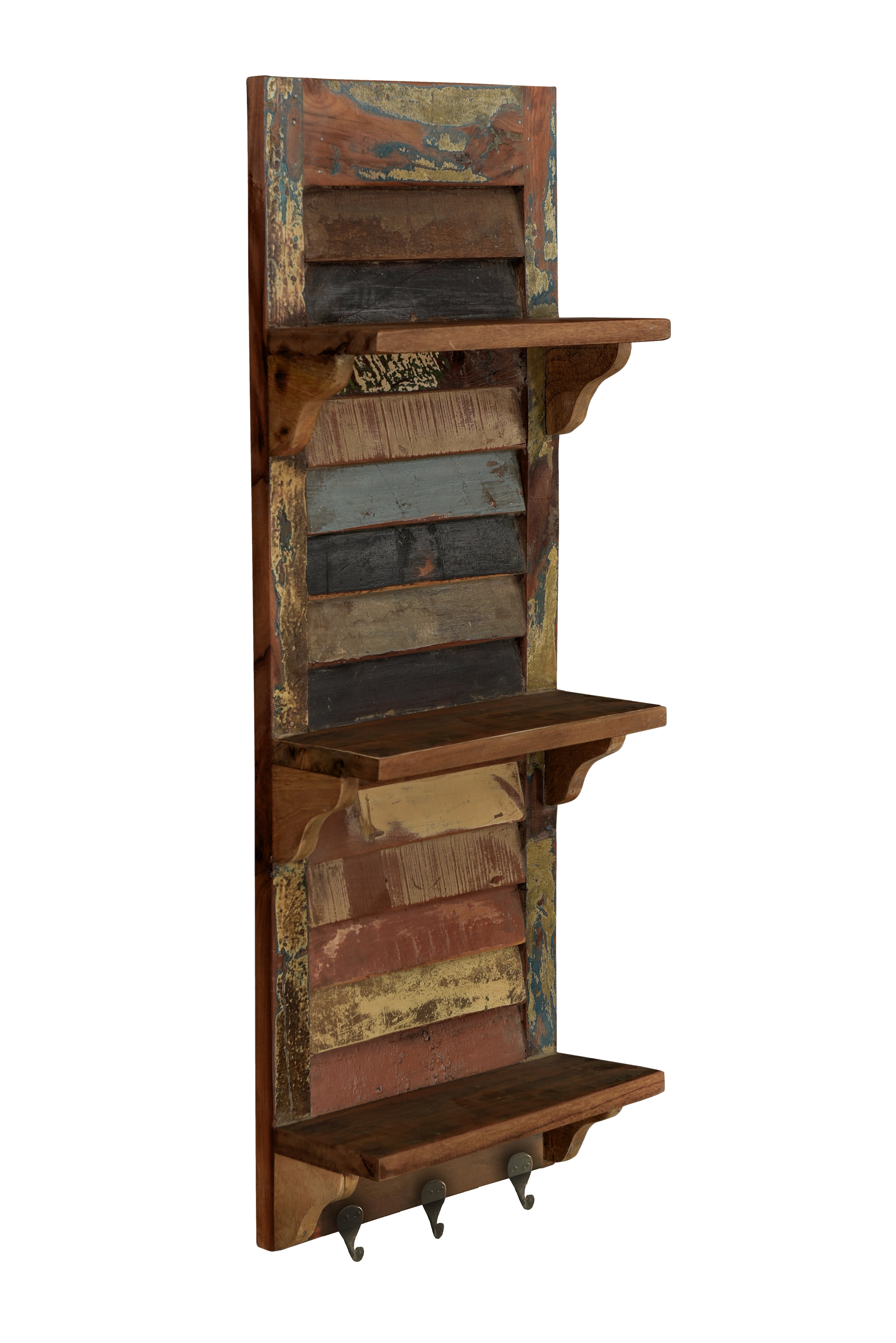 34" Brown And Multi Patina Reclaimed Wood Wall Mounted Shelf With Hooks-Wall Mounted Shelves-DECOROLALA