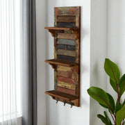 34" Brown And Multi Patina Reclaimed Wood Wall Mounted Shelf With Hooks-Wall Mounted Shelves-DECOROLALA