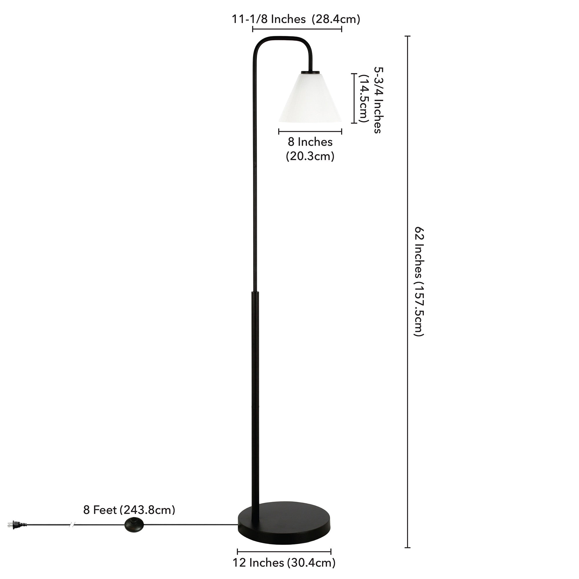 62" Black Arched Floor Lamp With White Frosted Glass Cone Shade-Floor Lamps-DECOROLALA