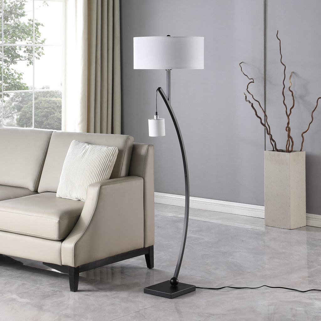 59" Matte Black Dual Arc Floor Lamp With White Drum Shade-Floor Lamps-DECOROLALA