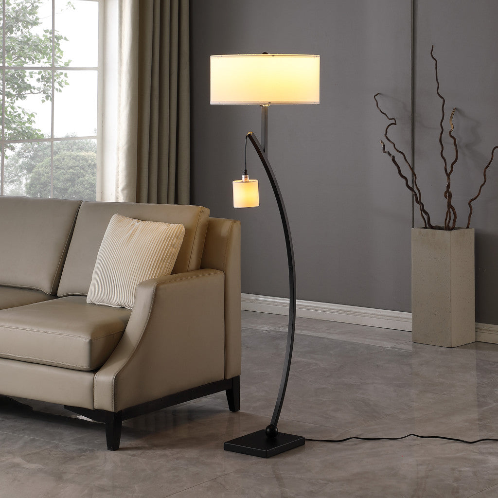 59" Matte Black Dual Arc Floor Lamp With White Drum Shade-Floor Lamps-DECOROLALA