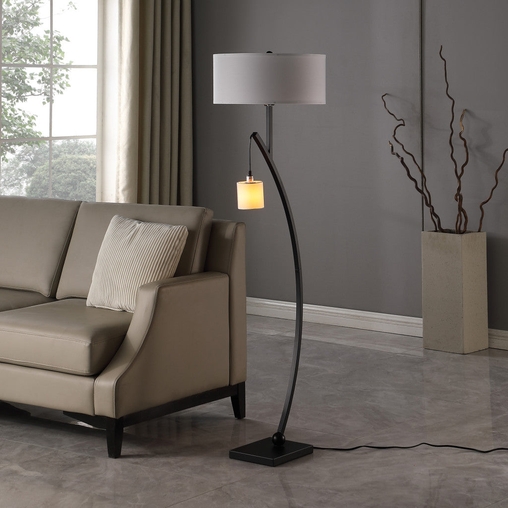 59" Matte Black Dual Arc Floor Lamp With White Drum Shade-Floor Lamps-DECOROLALA