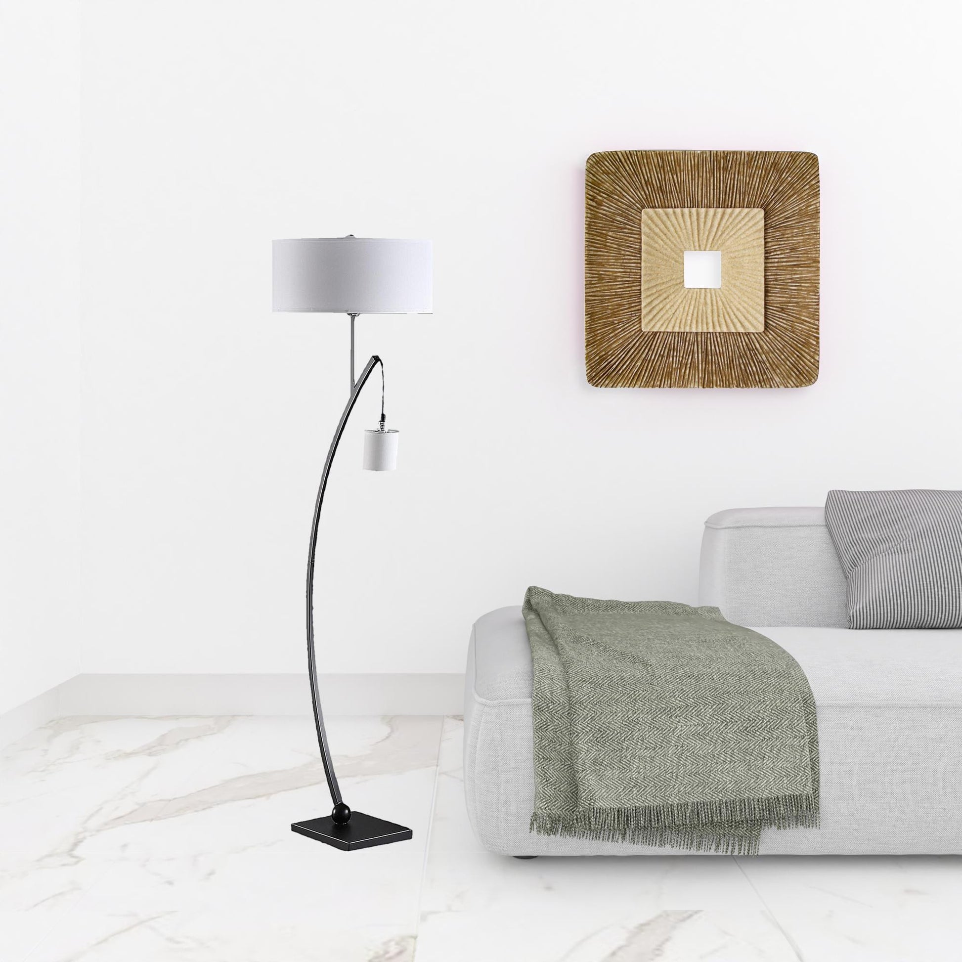 59" Matte Black Dual Arc Floor Lamp With White Drum Shade-Floor Lamps-DECOROLALA