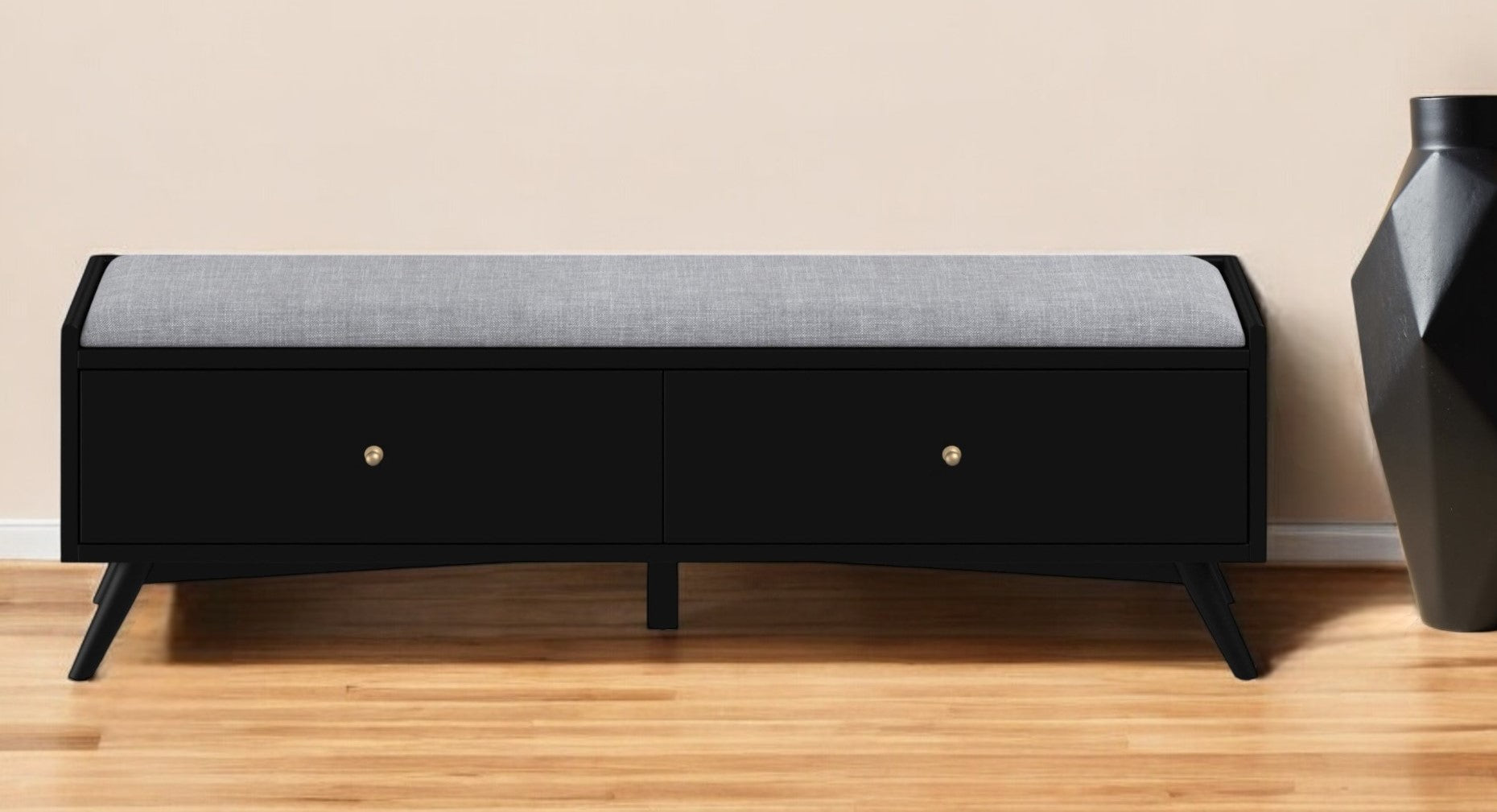59" Gray and Black Fabric Upholstered Storage Bench with Drawers-Benches-DECOROLALA