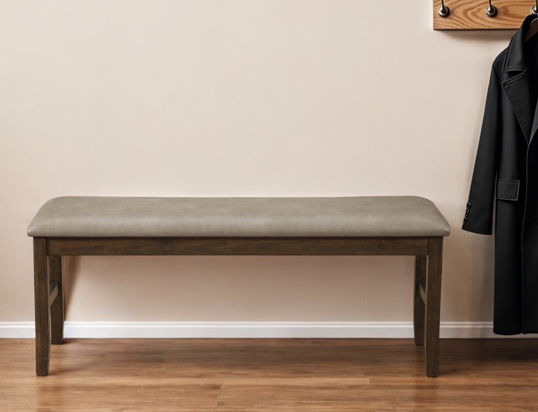 49" Tan and Dark Brown Faux Leather Distressed Upholstery Dining Bench-Benches-DECOROLALA
