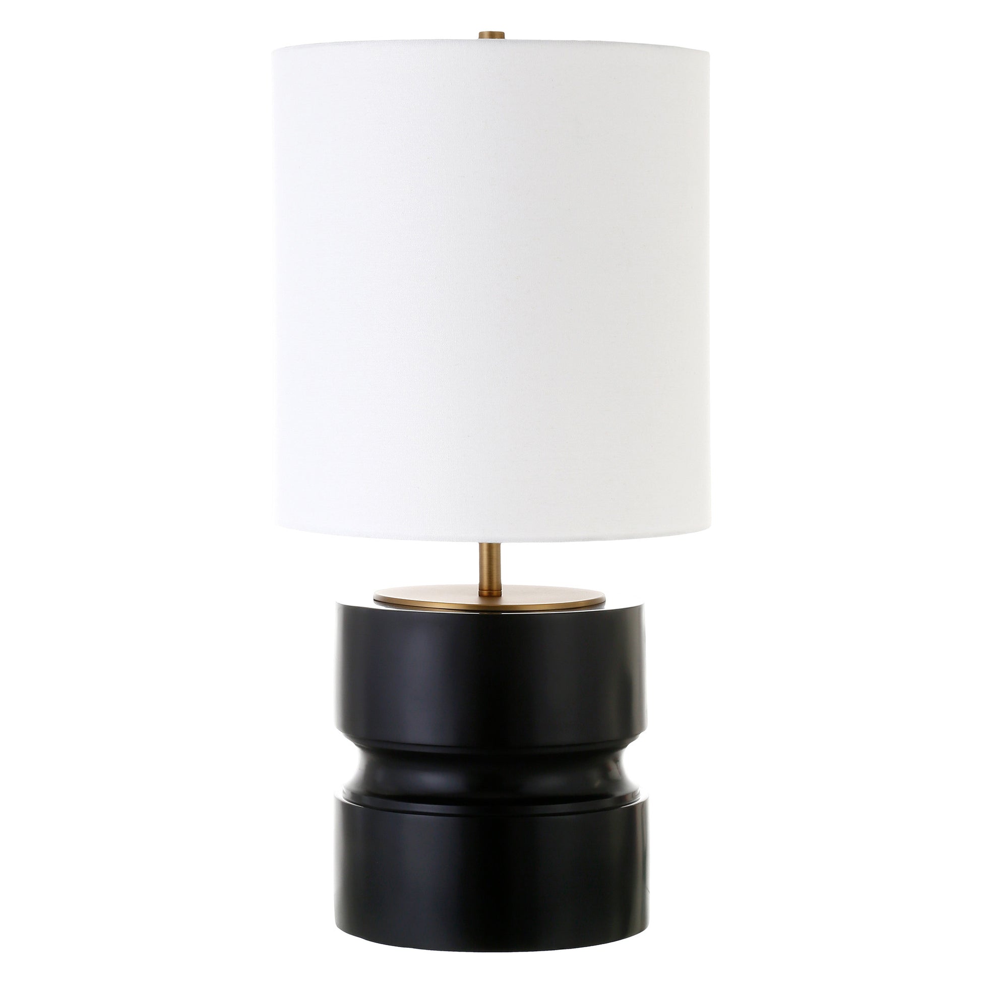 27" Beige and Gold Metal Geometric Table Lamp With White Drum Shade-Table Lamps-DECOROLALA