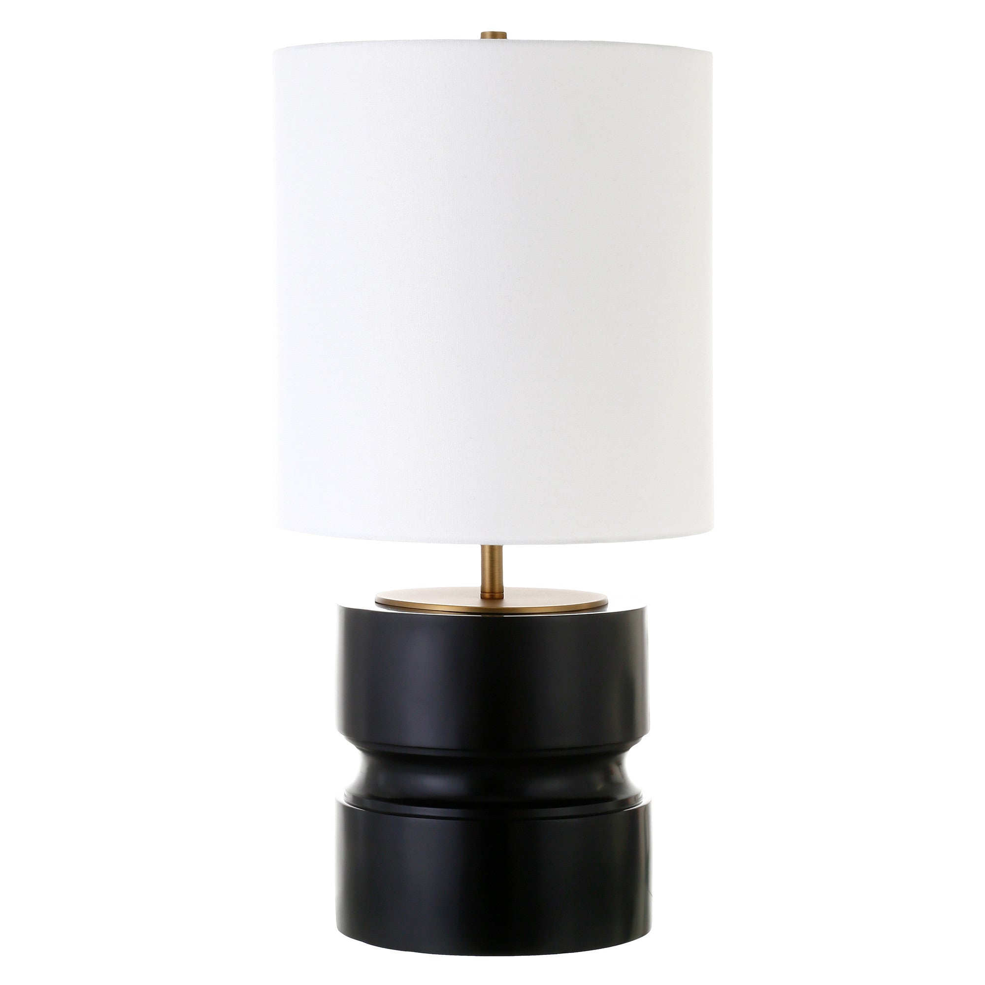 27" Beige and Gold Metal Geometric Table Lamp With White Drum Shade-Table Lamps-DECOROLALA