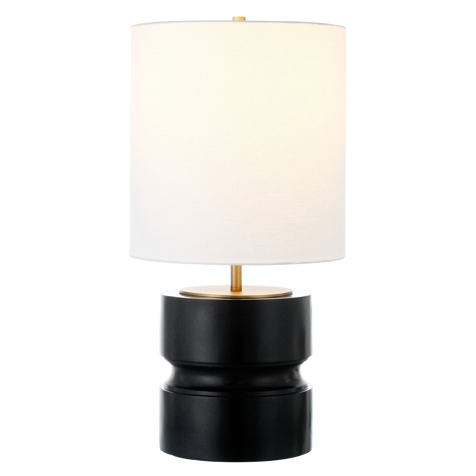 27" Beige and Gold Metal Geometric Table Lamp With White Drum Shade-Table Lamps-DECOROLALA