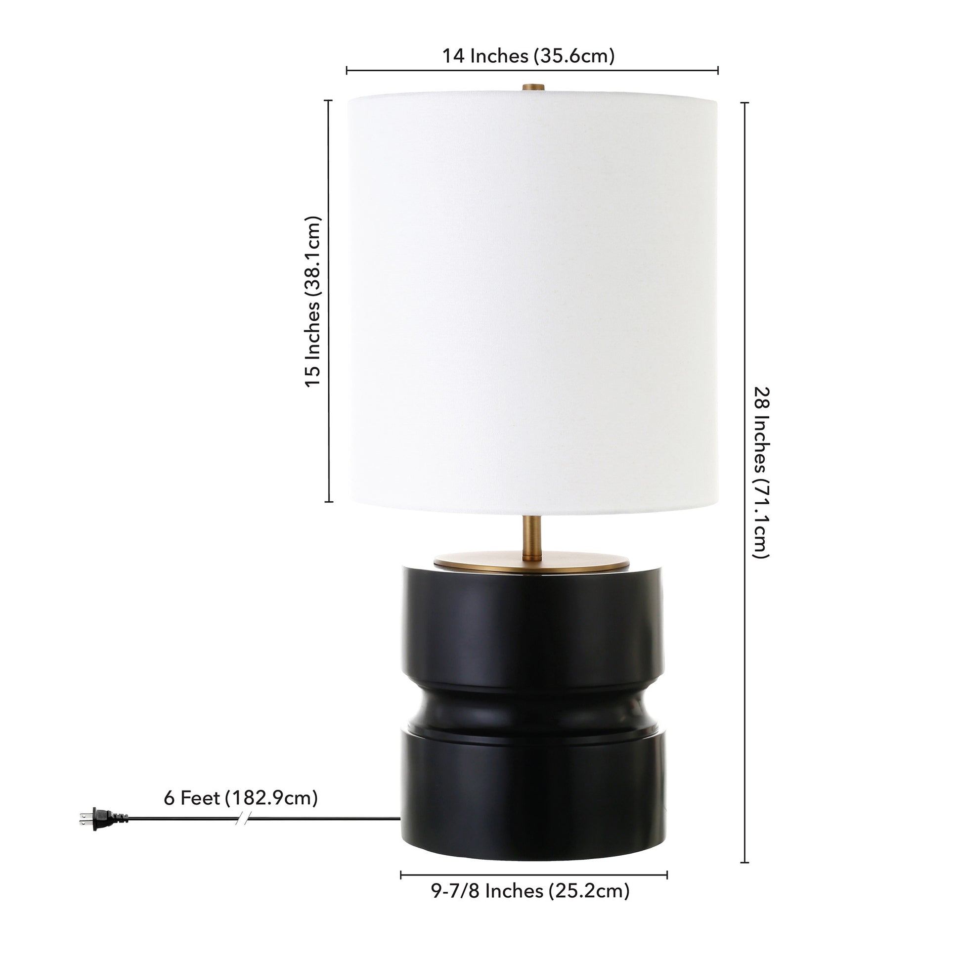 27" Beige and Gold Metal Geometric Table Lamp With White Drum Shade-Table Lamps-DECOROLALA