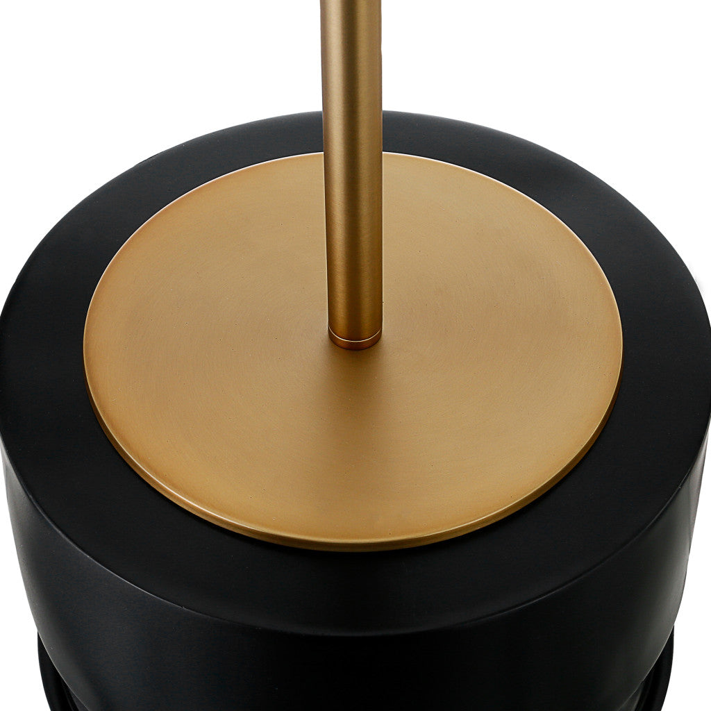 27" Beige and Gold Metal Geometric Table Lamp With White Drum Shade-Table Lamps-DECOROLALA