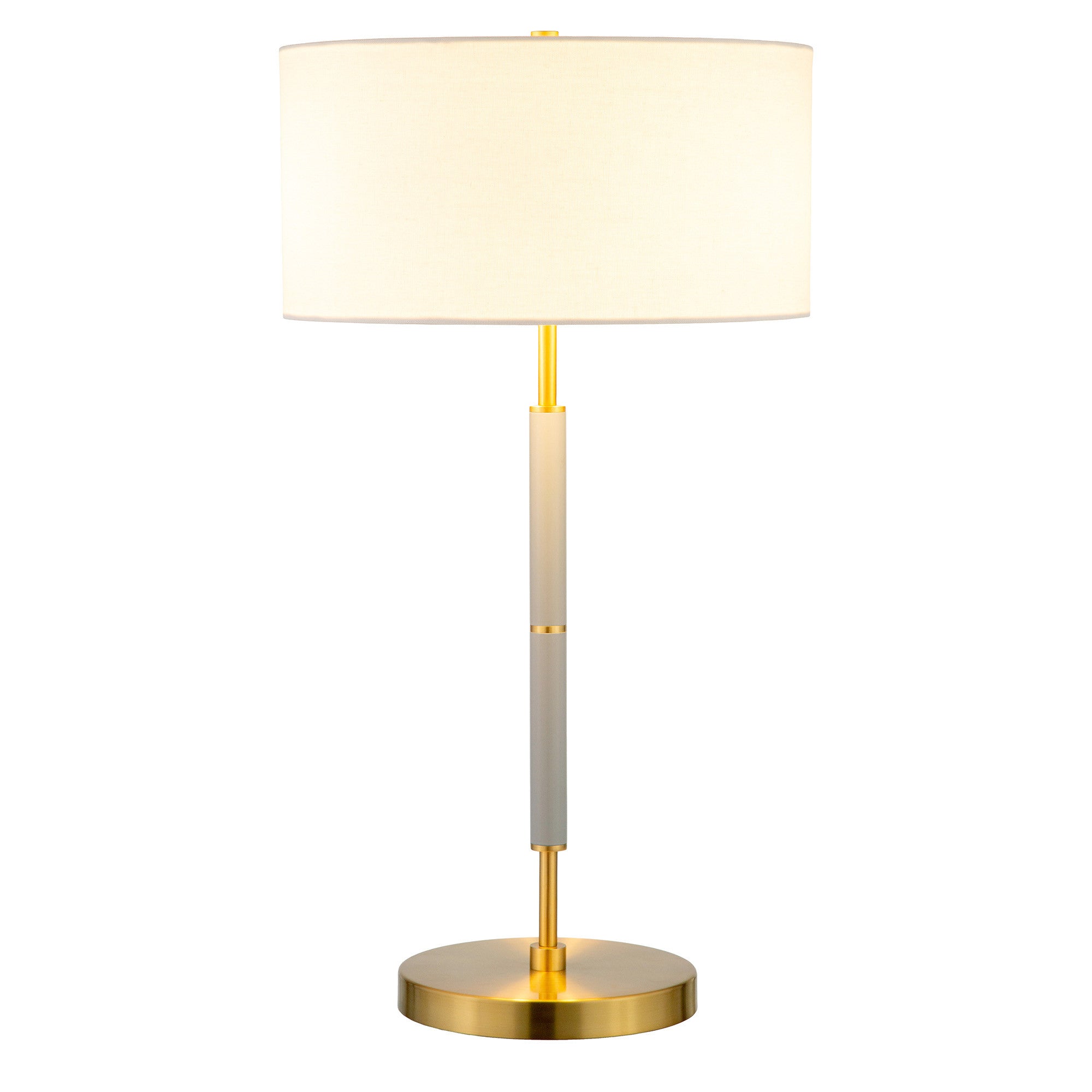 25" Gray and Gold Metal Two Light Table Lamp With White Drum Shade-Table Lamps-DECOROLALA