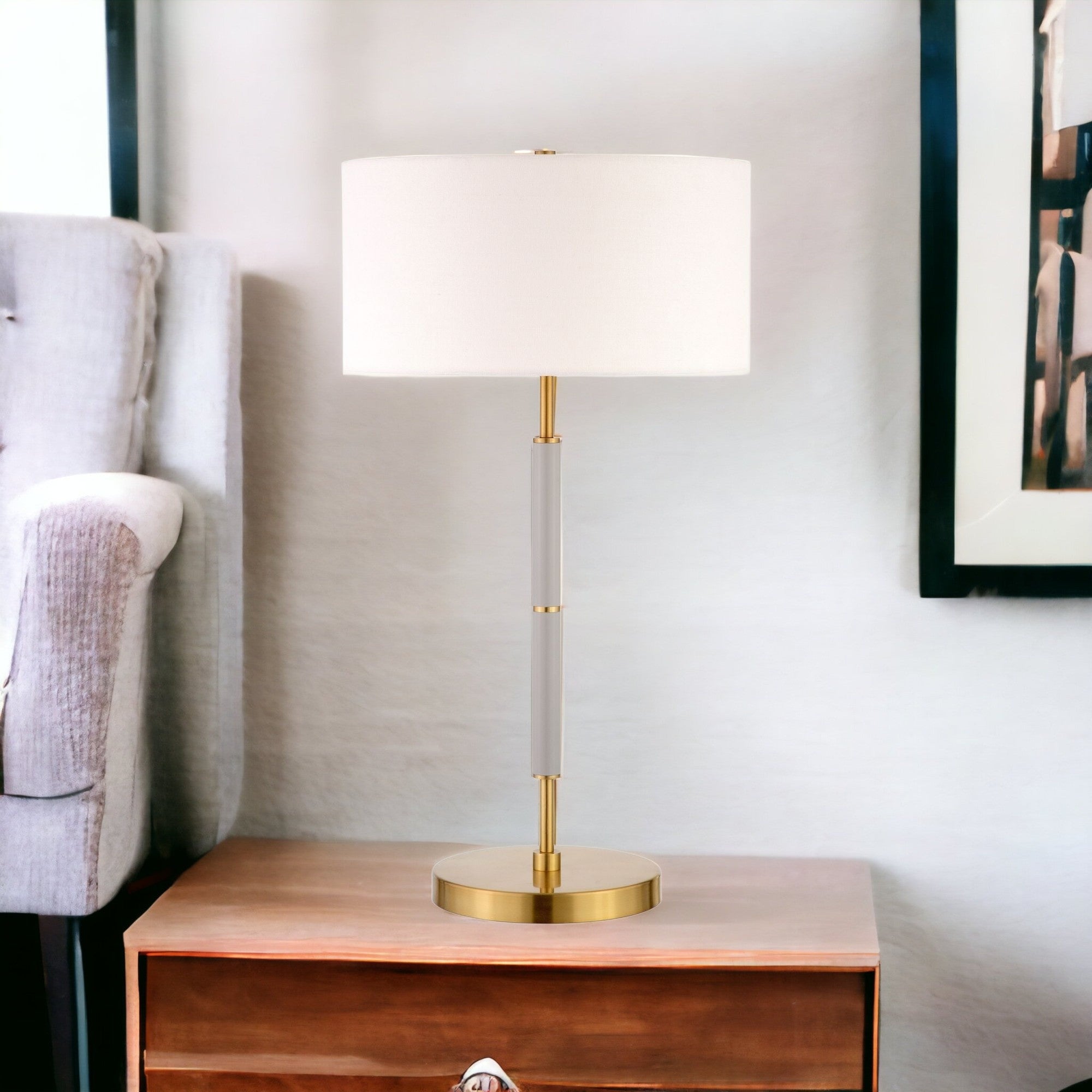 25" Gray and Gold Metal Two Light Table Lamp With White Drum Shade-Table Lamps-DECOROLALA