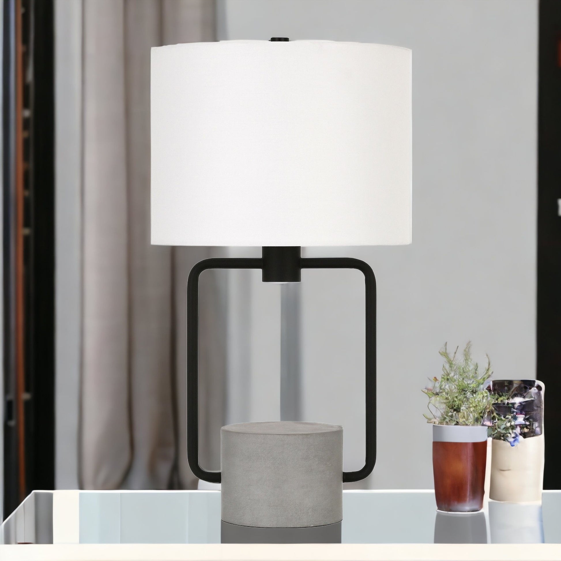 22" Black and Gray Concrete Table Lamp With White Drum Shade-Table Lamps-DECOROLALA