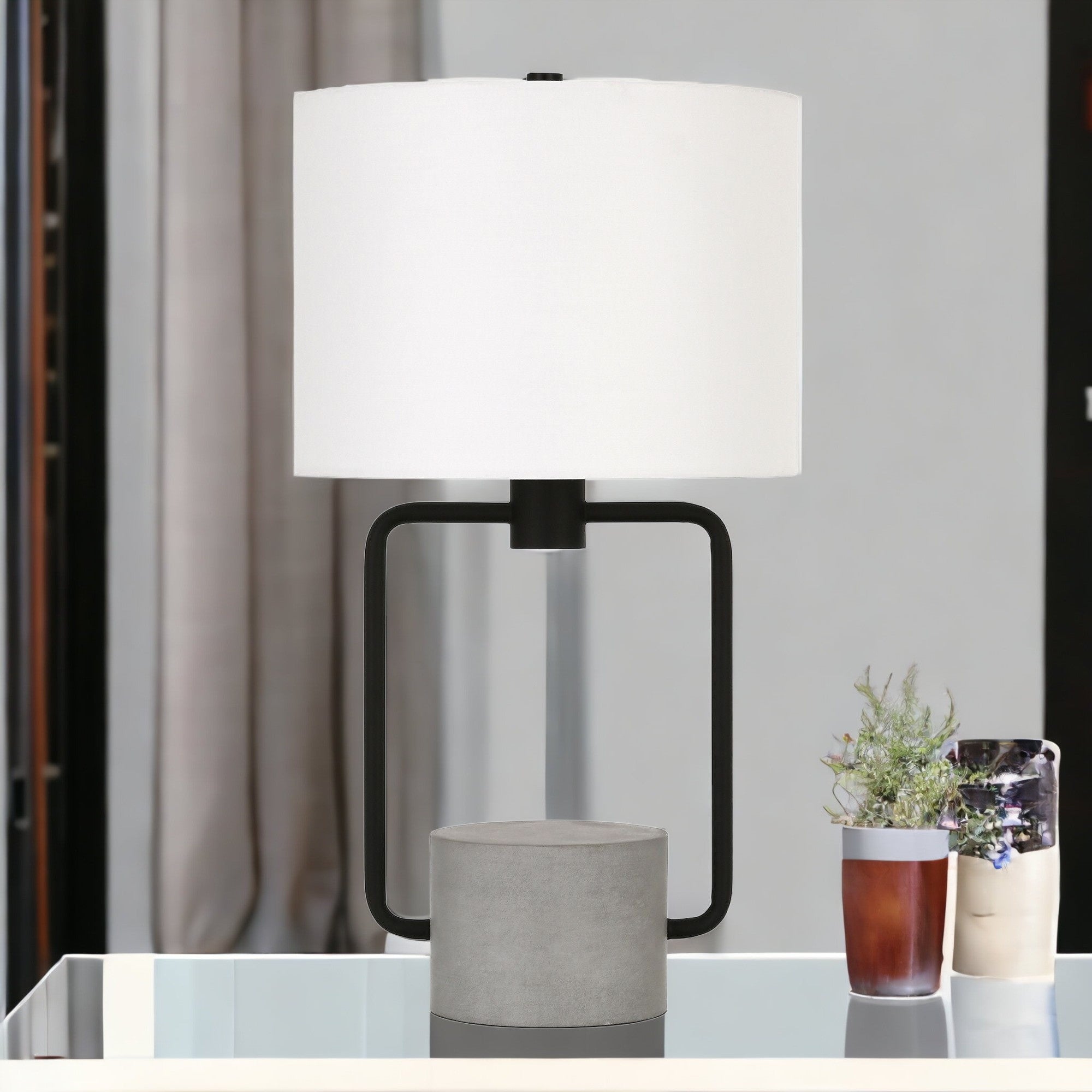 22" Black and Gray Concrete Table Lamp With White Drum Shade-Table Lamps-DECOROLALA