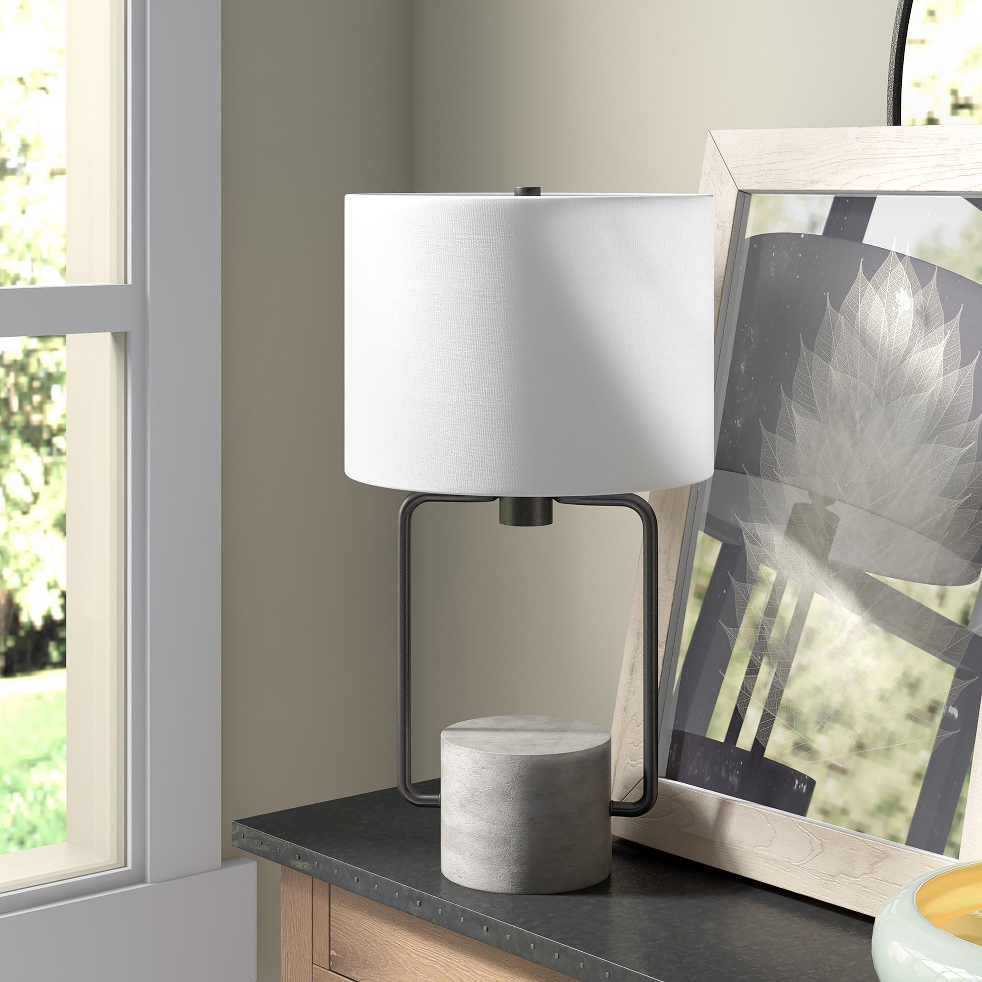 22" Black and Gray Concrete Table Lamp With White Drum Shade-Table Lamps-DECOROLALA