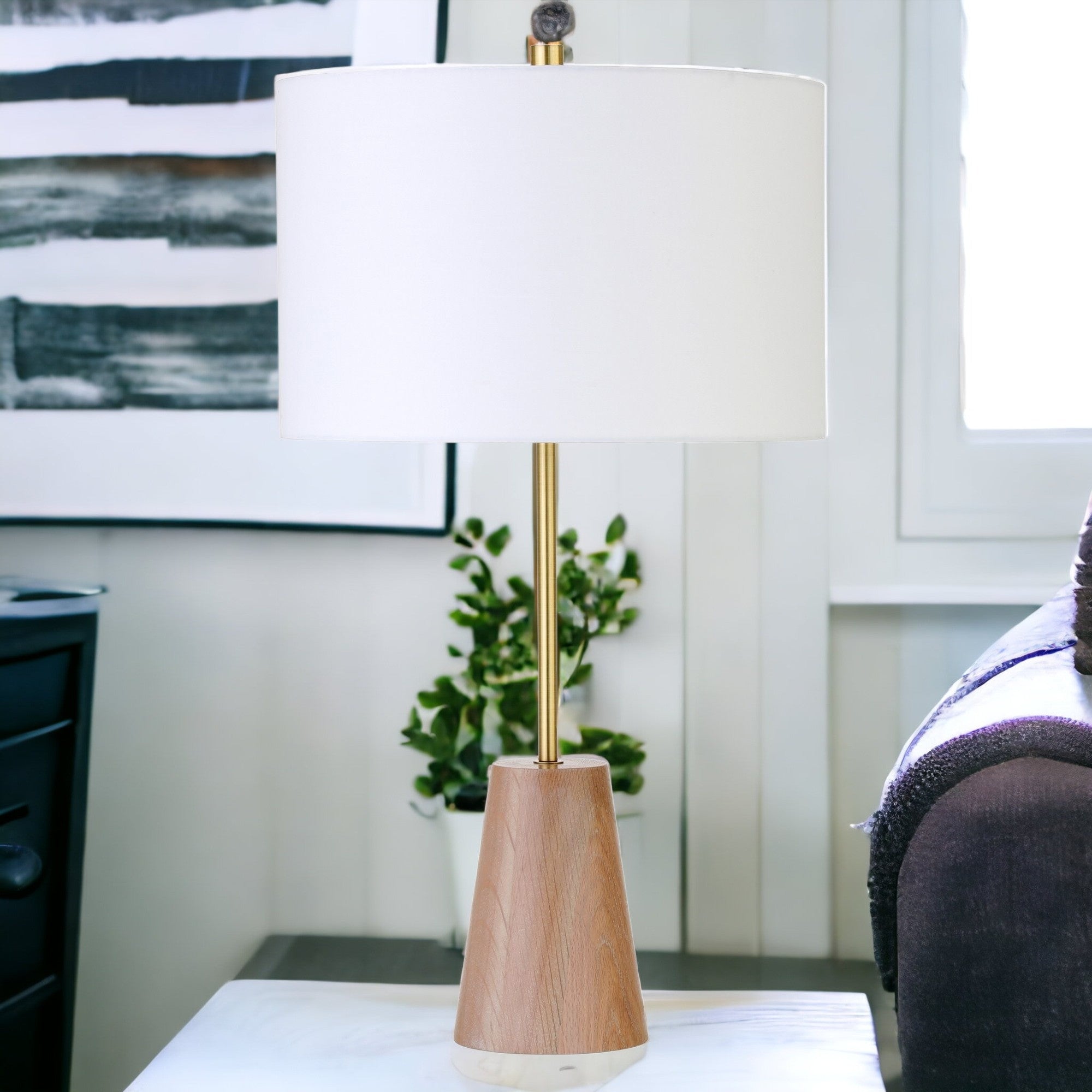 26" Gold and Brown Metal Table Lamp With White Drum Shade-Table Lamps-DECOROLALA