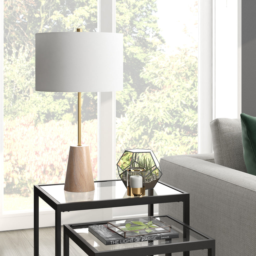 26" Gold and Brown Metal Table Lamp With White Drum Shade-Table Lamps-DECOROLALA