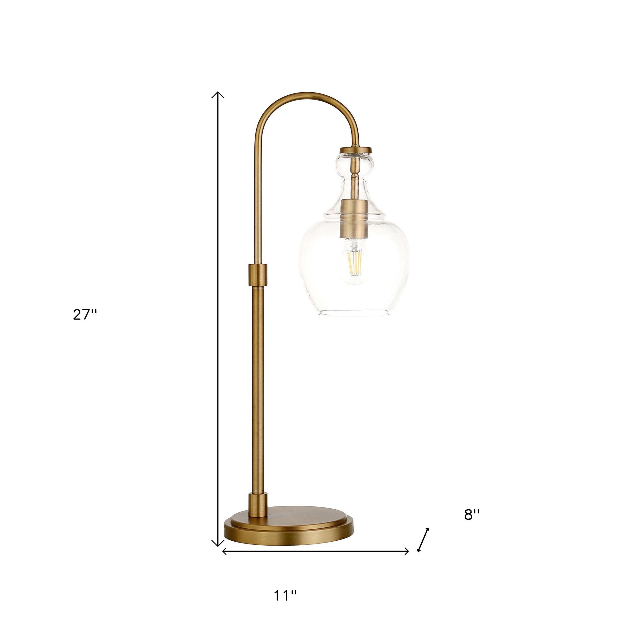 27" Brass Metal Arched Table Lamp With Clear Dome Shade-Table Lamps-DECOROLALA