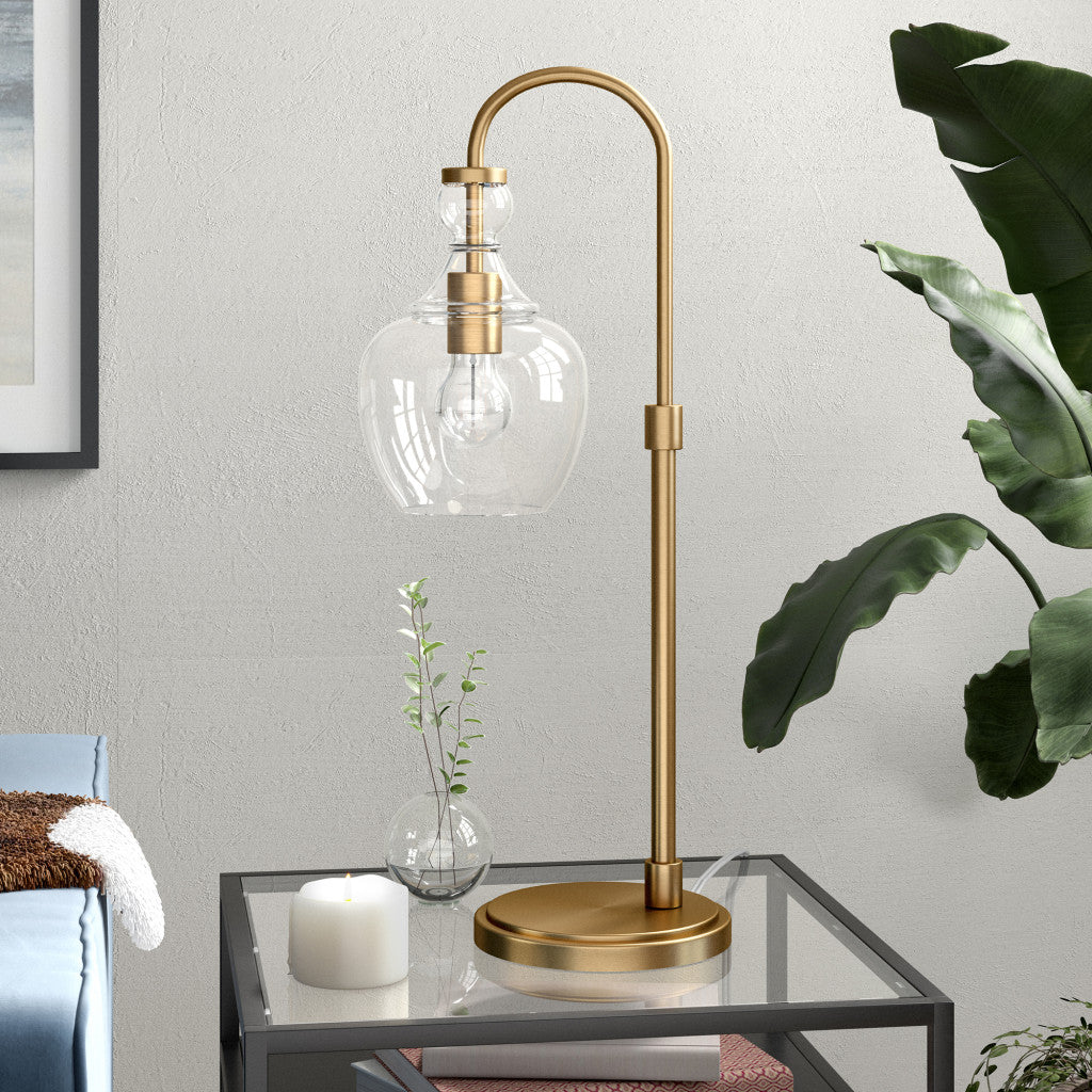 27" Brass Metal Arched Table Lamp With Clear Dome Shade-Table Lamps-DECOROLALA