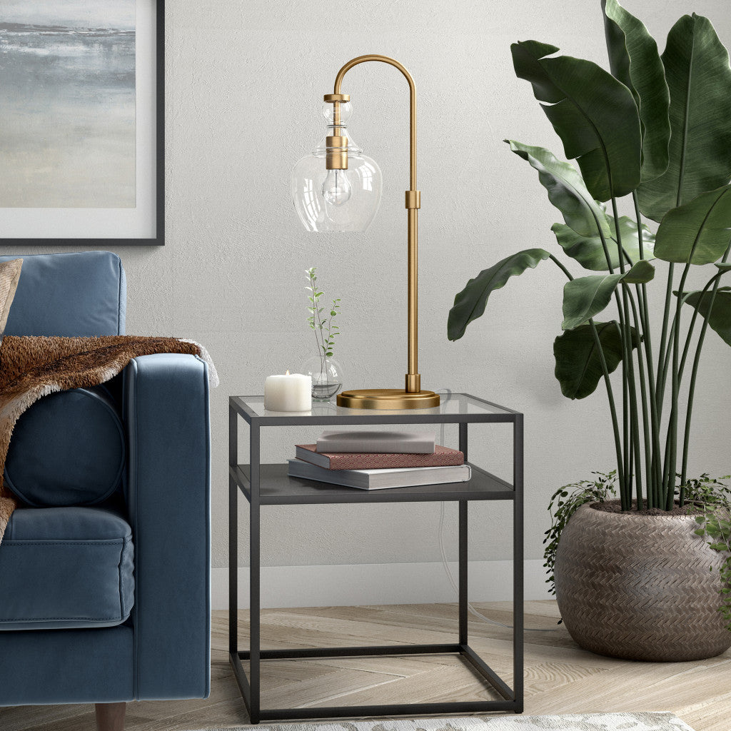 27" Brass Metal Arched Table Lamp With Clear Dome Shade-Table Lamps-DECOROLALA