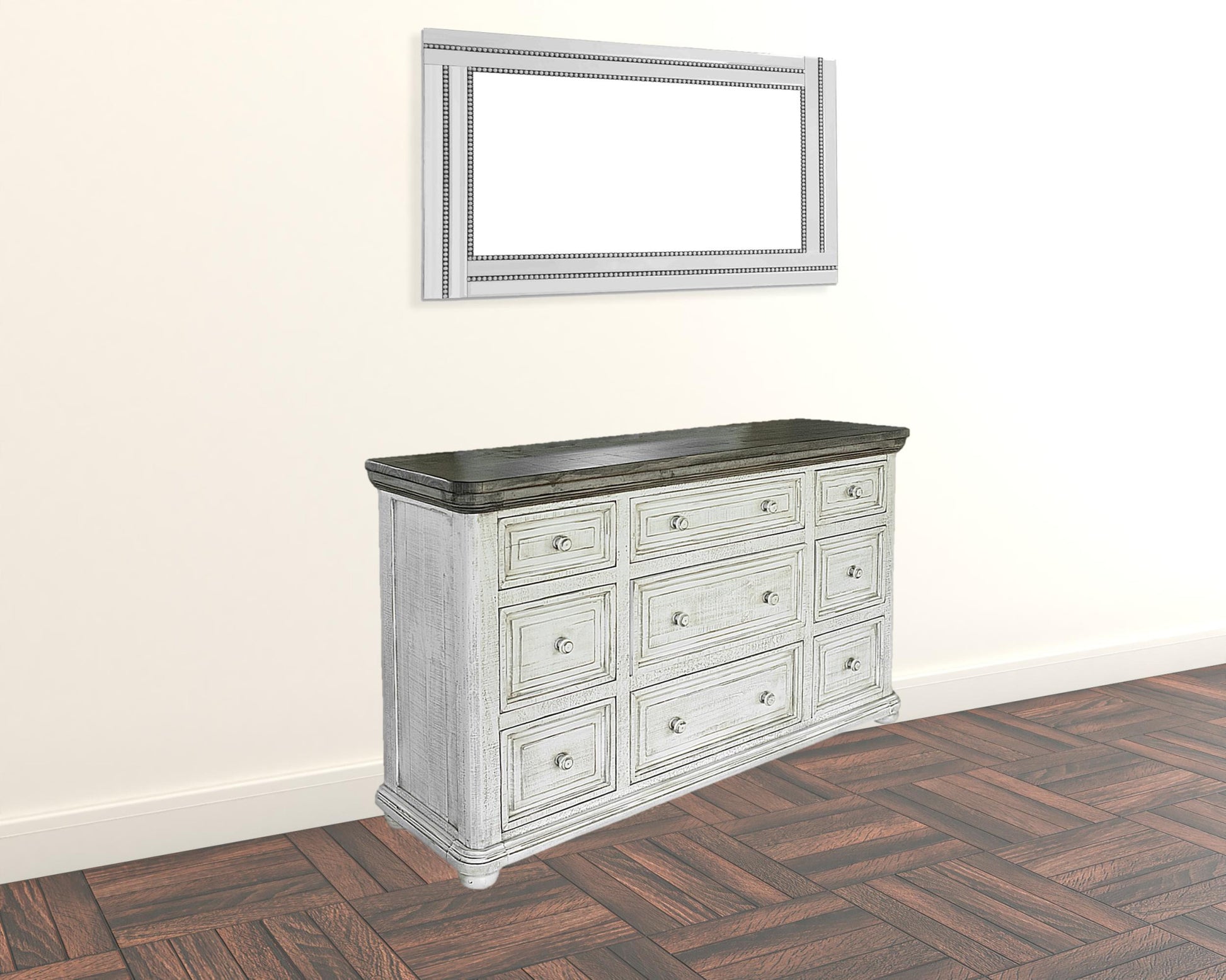 62" Gray and Ivory Solid Wood Nine Drawer Triple Dresser-Dressers-DECOROLALA