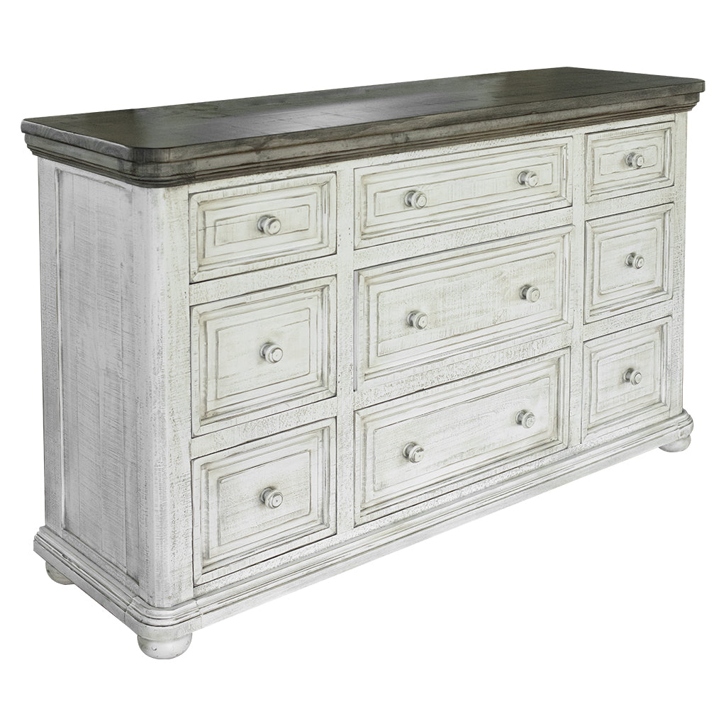 62" Gray and Ivory Solid Wood Nine Drawer Triple Dresser-Dressers-DECOROLALA