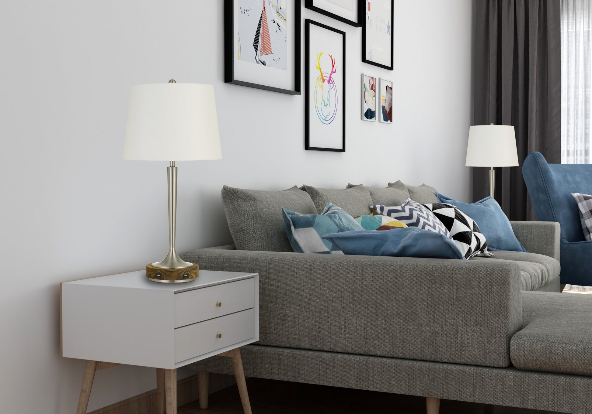 29" Nickel Metal Usb Table Lamp With Off White Empire Shade-Table Lamps-DECOROLALA