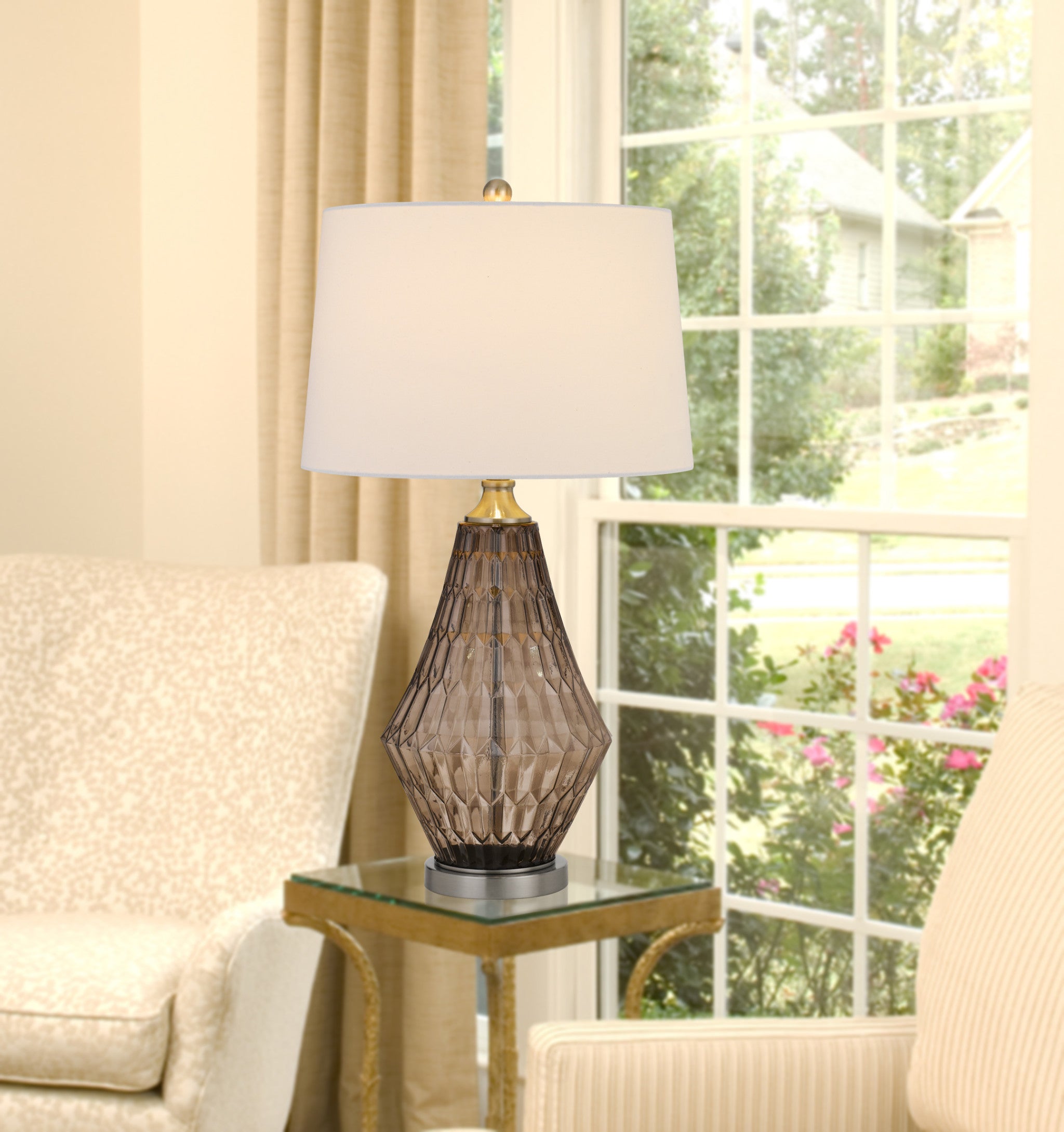 31" Gray Metal Geometric Table Lamp With Off White Empire Shade-Table Lamps-DECOROLALA