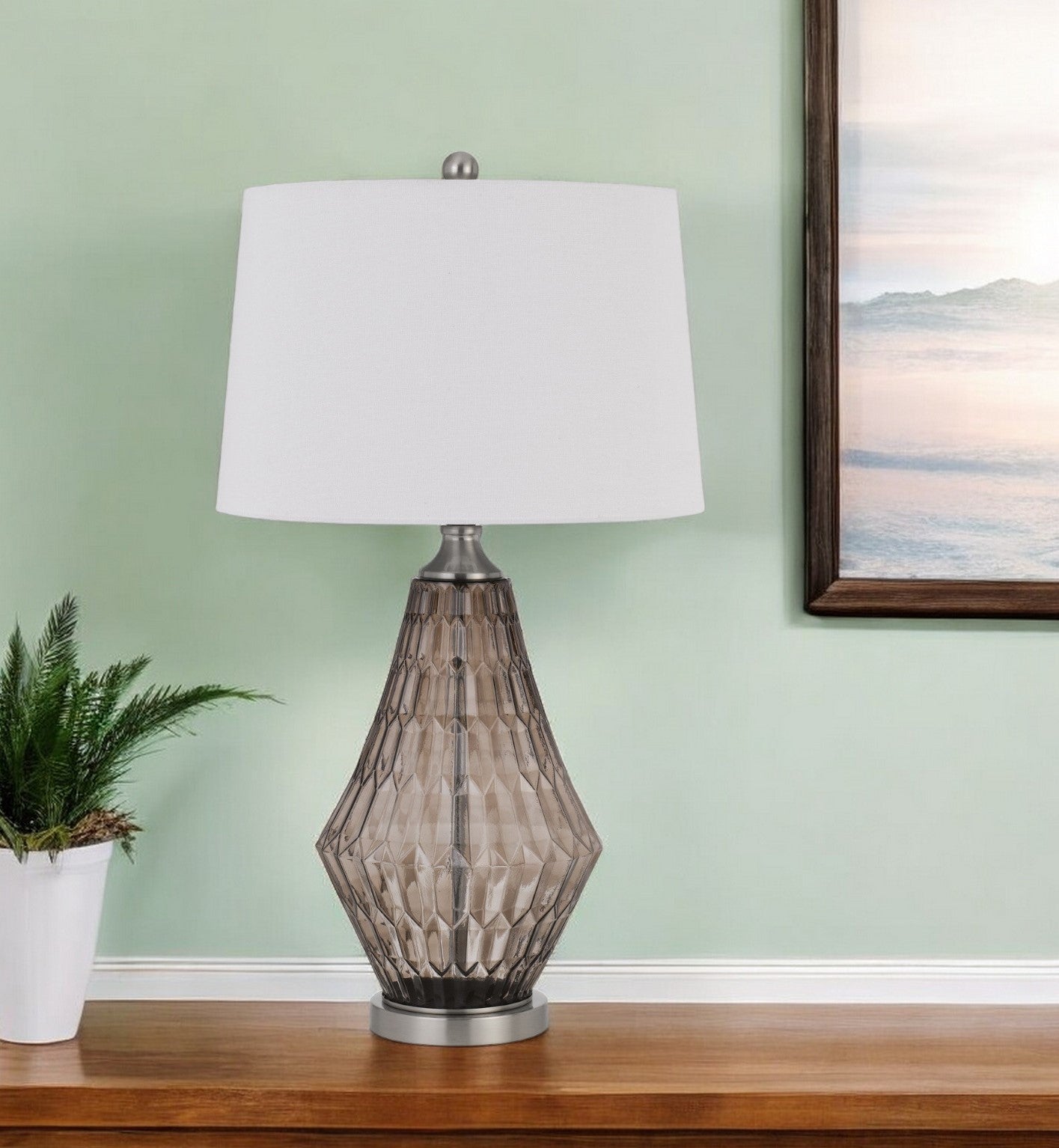 31" Gray Metal Geometric Table Lamp With Off White Empire Shade-Table Lamps-DECOROLALA